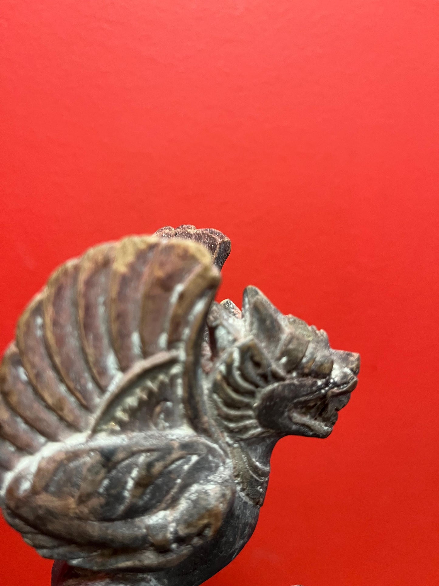 Beautiful 8 inch tall southeast Asian antique intricately carved wooden mythical statue on stand  great detail and perfect gift