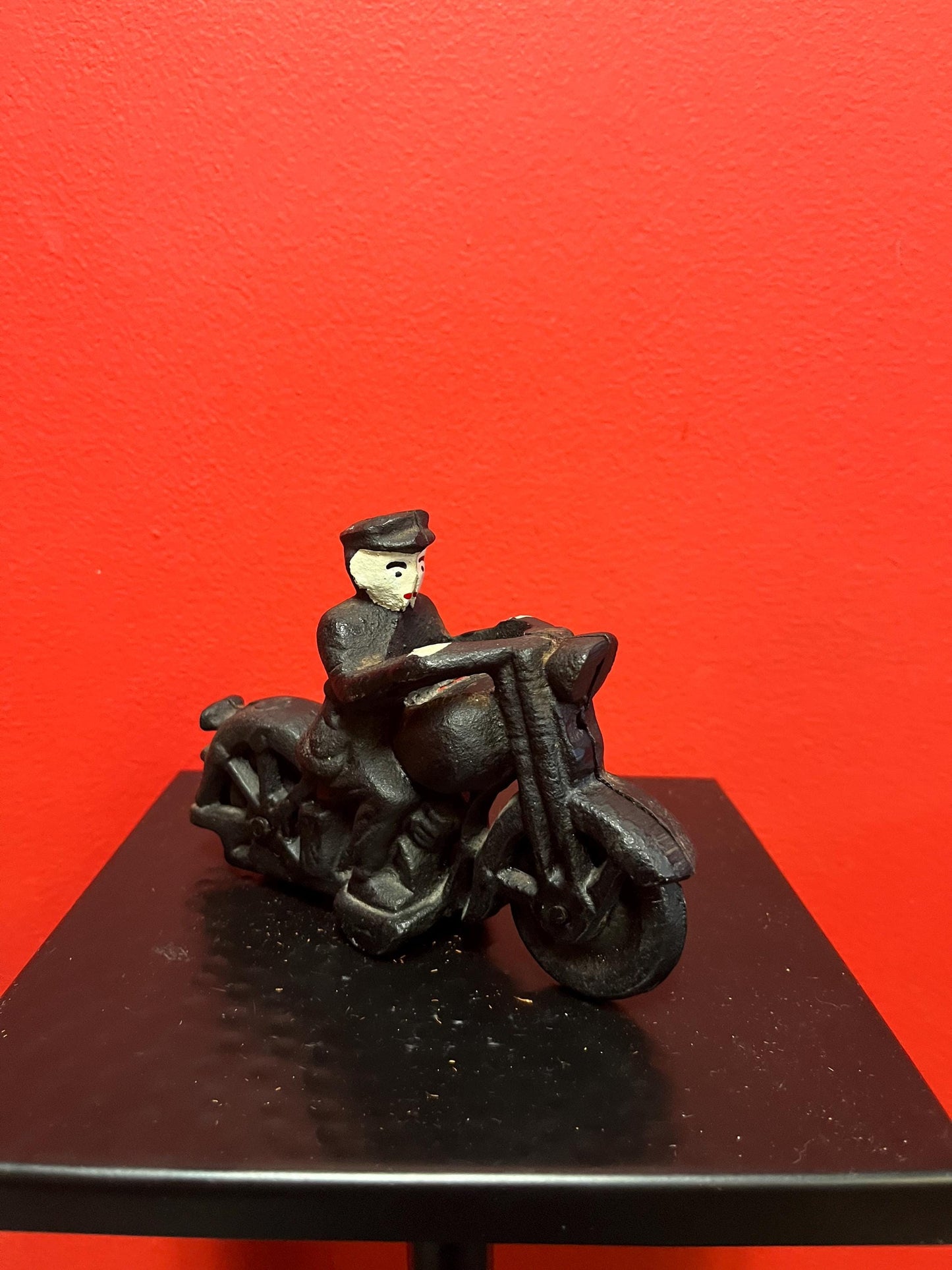 Beautiful antique cast-iron 6 x 4 high motorcycle with Rider  one screw replaced  great antique condition - perfect gift