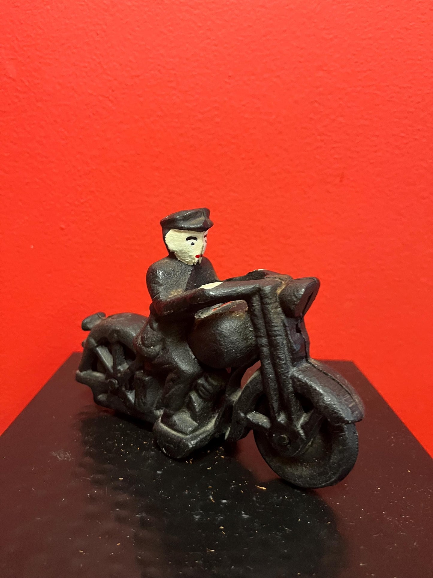 Beautiful antique cast-iron 6 x 4 high motorcycle with Rider  one screw replaced  great antique condition - perfect gift