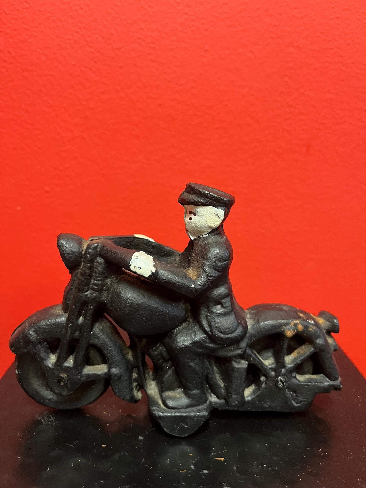 Beautiful antique cast-iron 6 x 4 high motorcycle with Rider  one screw replaced  great antique condition - perfect gift