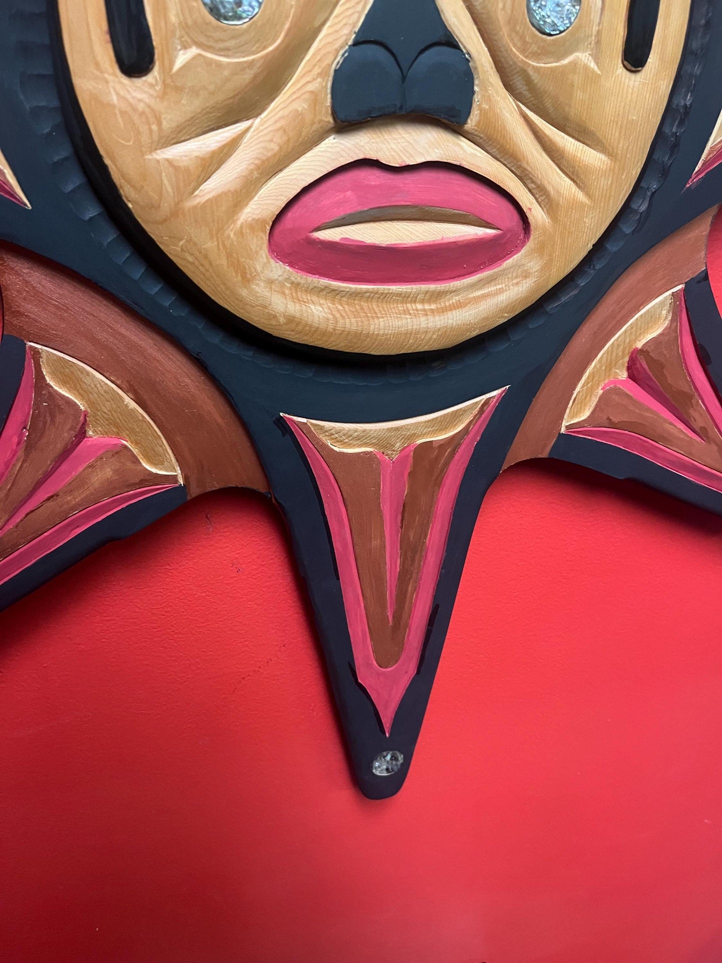 Absolutely fabulous signed 36 inch sun mask indigenous first nations Pacific Northwest Coast sun mask with abalone wow -RS