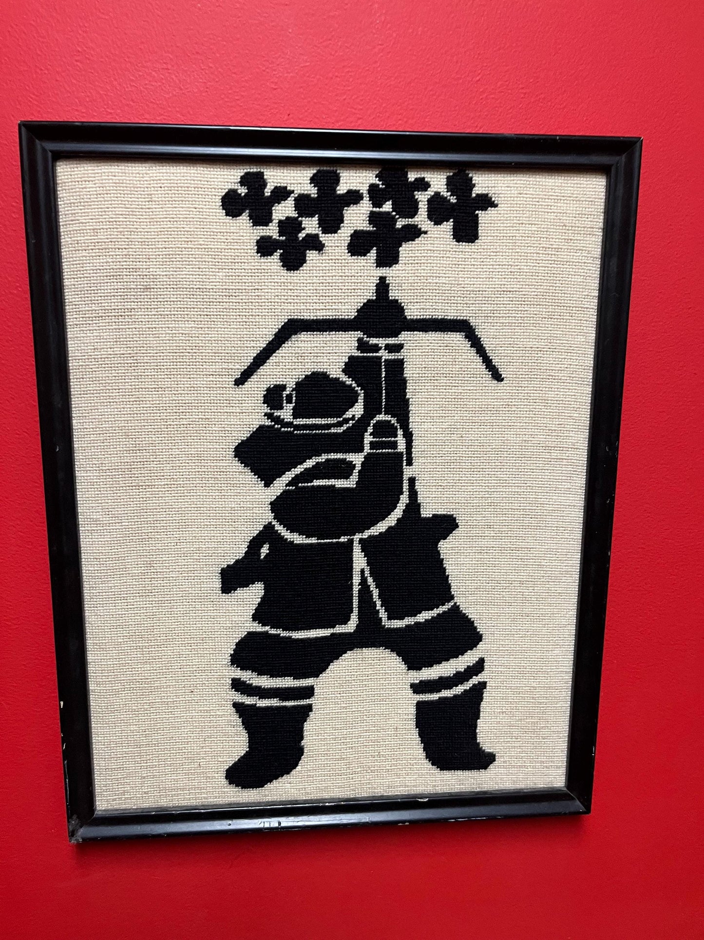 19 x 15 old woven needlepoint picture of an Eskimo hunting in frame great imagery and condition unusual