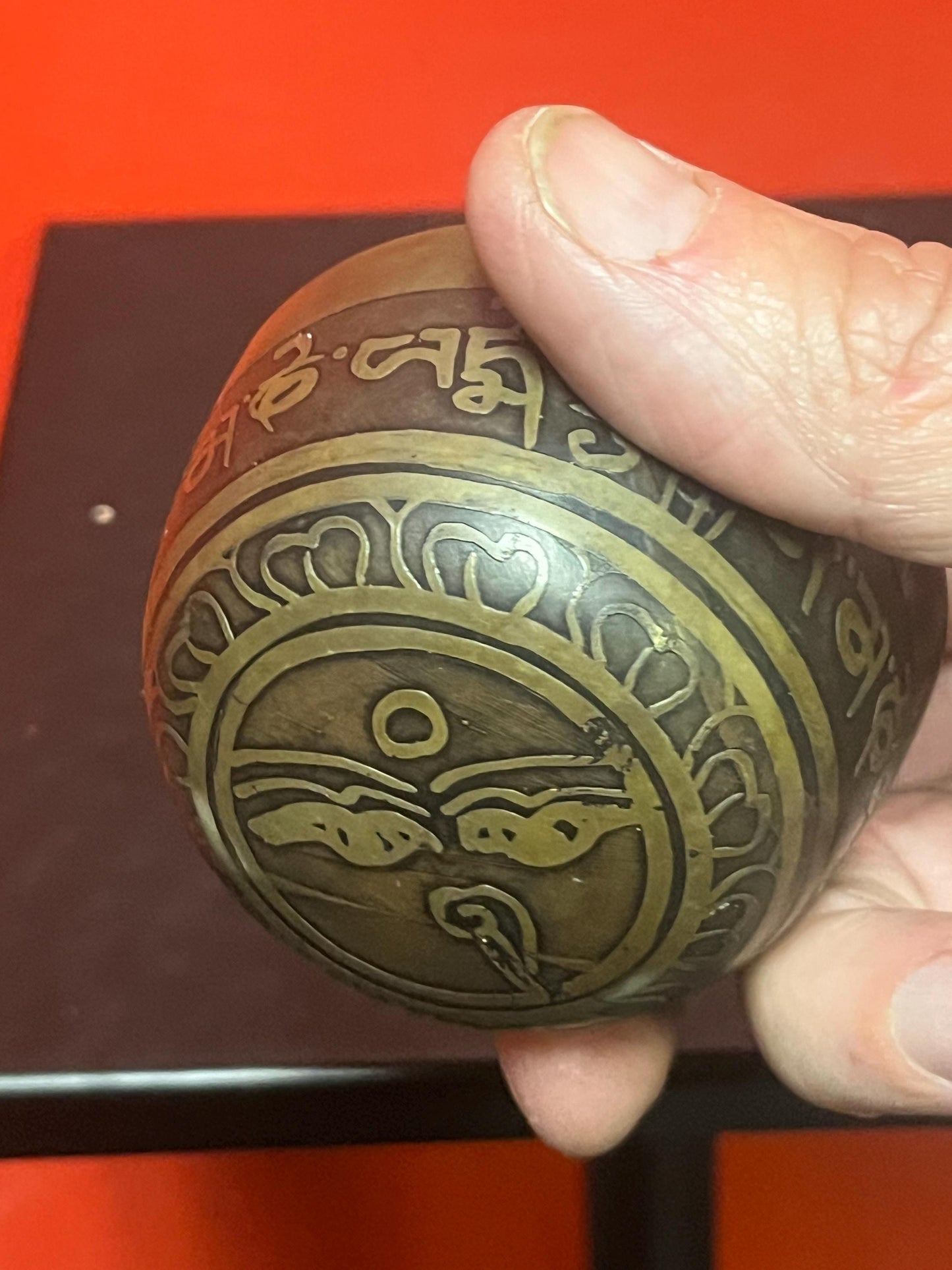 Beautiful antique small Asian bronze singing bowl with stick   believed to be Tibetan  3 x 1.5 high  wonderful detail and patina