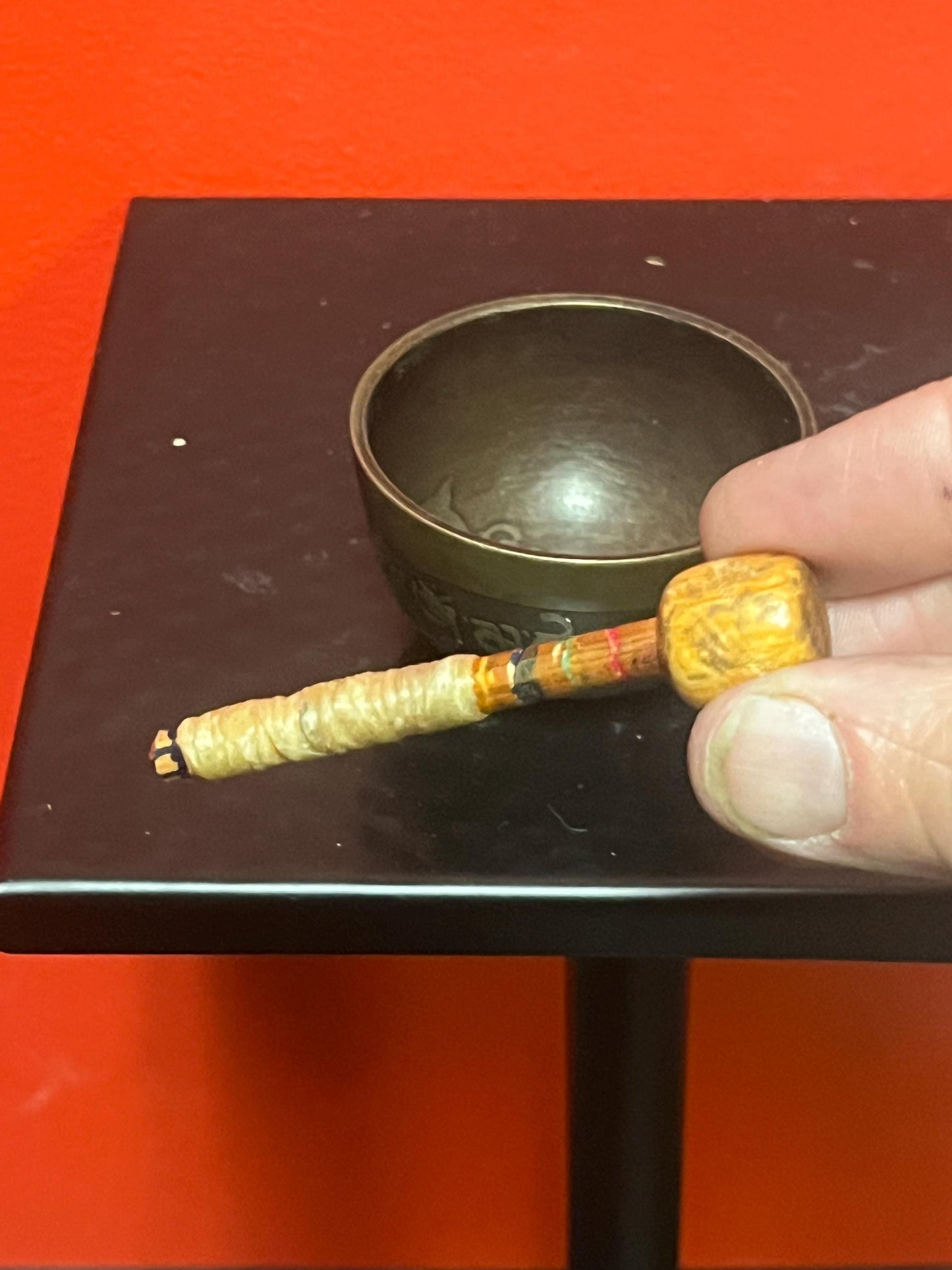 Beautiful antique small Asian bronze singing bowl with stick   believed to be Tibetan  3 x 1.5 high  wonderful detail and patina