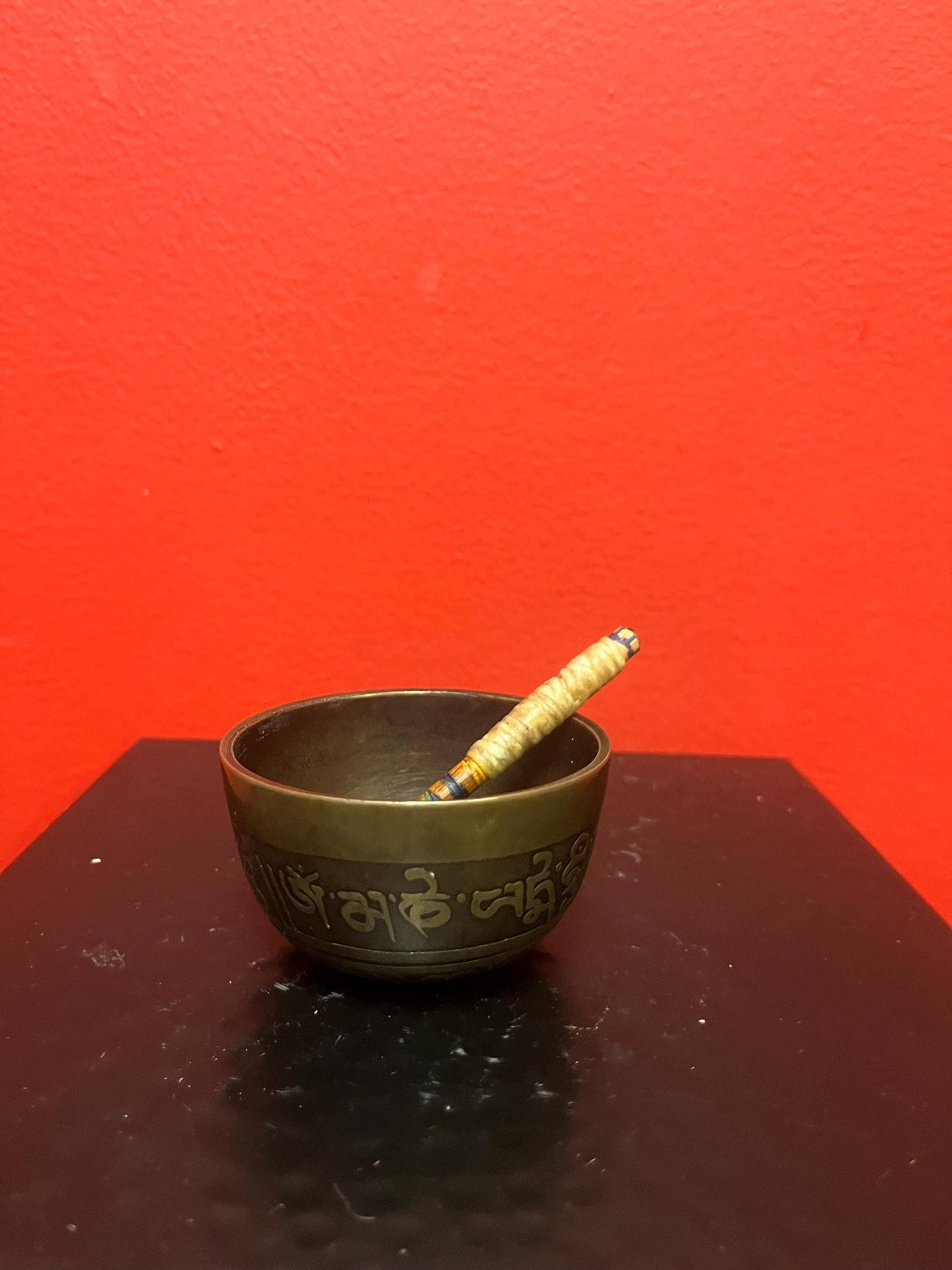 Beautiful antique small Asian bronze singing bowl with stick   believed to be Tibetan  3 x 1.5 high  wonderful detail and patina