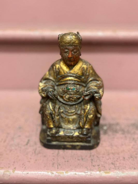 Stunning approx 18th century polychrome Chinese wooden statue of an emperor with glass eyes  great patina and detail  museum piece - 10“