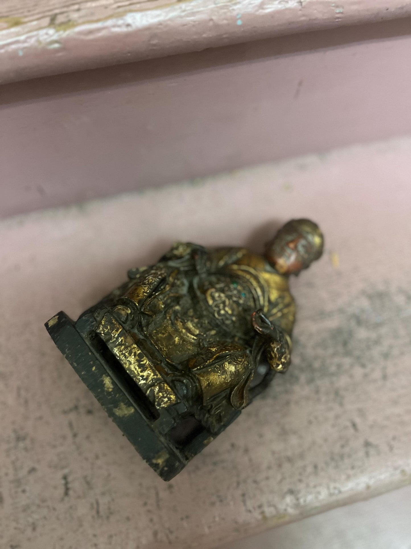 Stunning approx 18th century polychrome Chinese wooden statue of an emperor with glass eyes  great patina and detail  museum piece - 10“