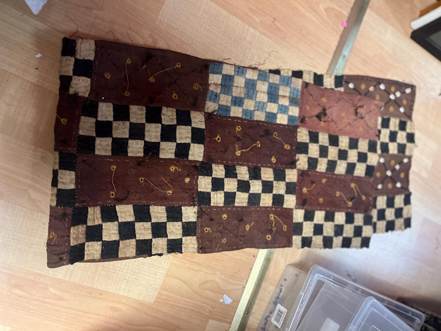 Crazy cool 59 x 15 wide antique oceanic table runner or just amazing fabric with puka shells - great old old condition so see photos  wow