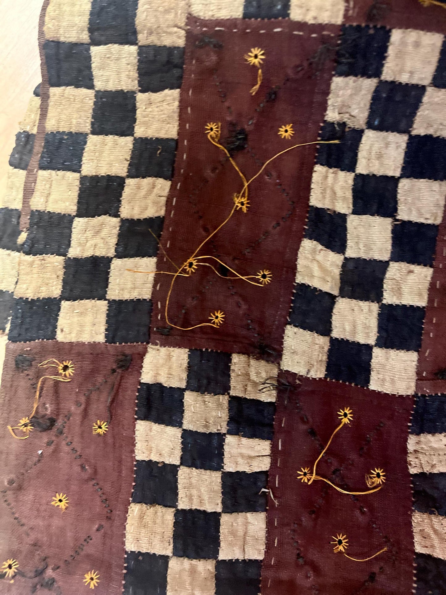 Crazy cool 59 x 15 wide antique oceanic table runner or just amazing fabric with puka shells - great old old condition so see photos  wow