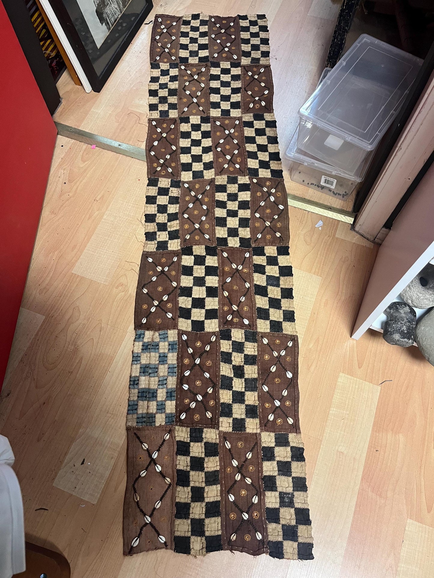 Crazy cool 59 x 15 wide antique oceanic table runner or just amazing fabric with puka shells - great old old condition so see photos  wow