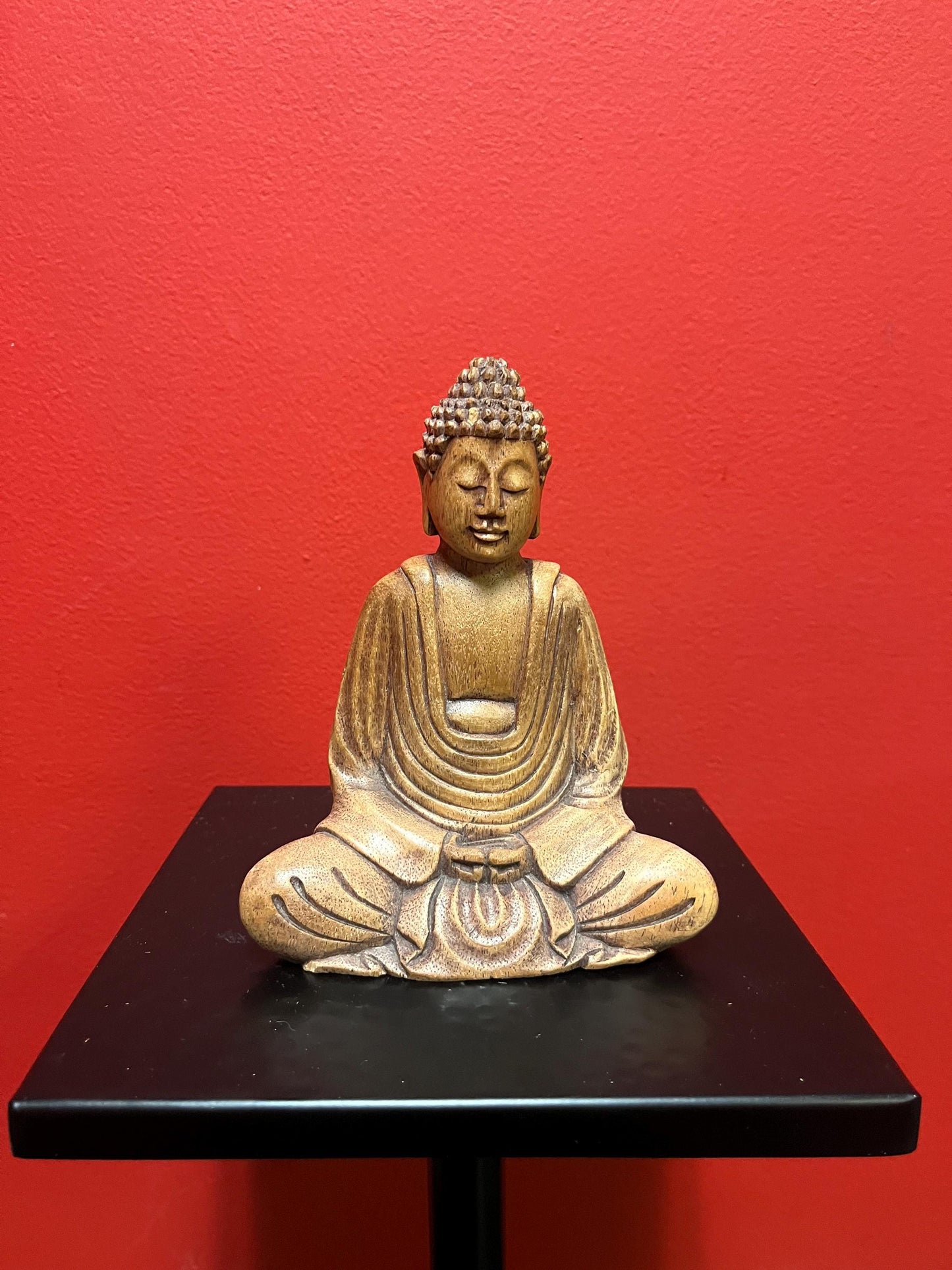 Lovely small Asian wooden carved Buddha with serene face  amazing detail  7 inches tall  wow