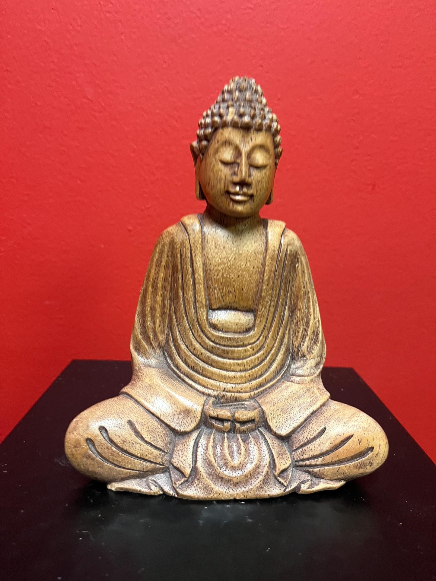 Lovely small Asian wooden carved Buddha with serene face  amazing detail  7 inches tall  wow