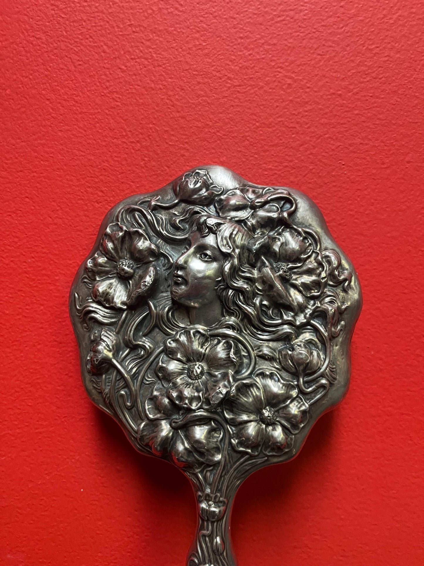 Stunning 925 Sterling 10 inch long art nouveau hand mirror with beautiful woman design  the best  540 g - perfect gift