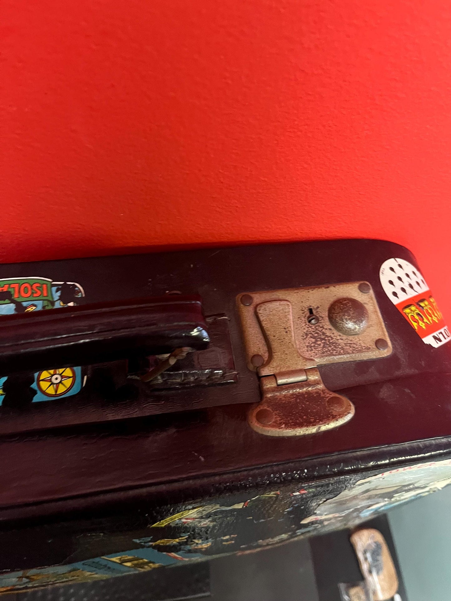 One of a kind 1920s  21 x 16 x 5 deep travel suitcase with the original stickers   amazing for use or decoration  wow