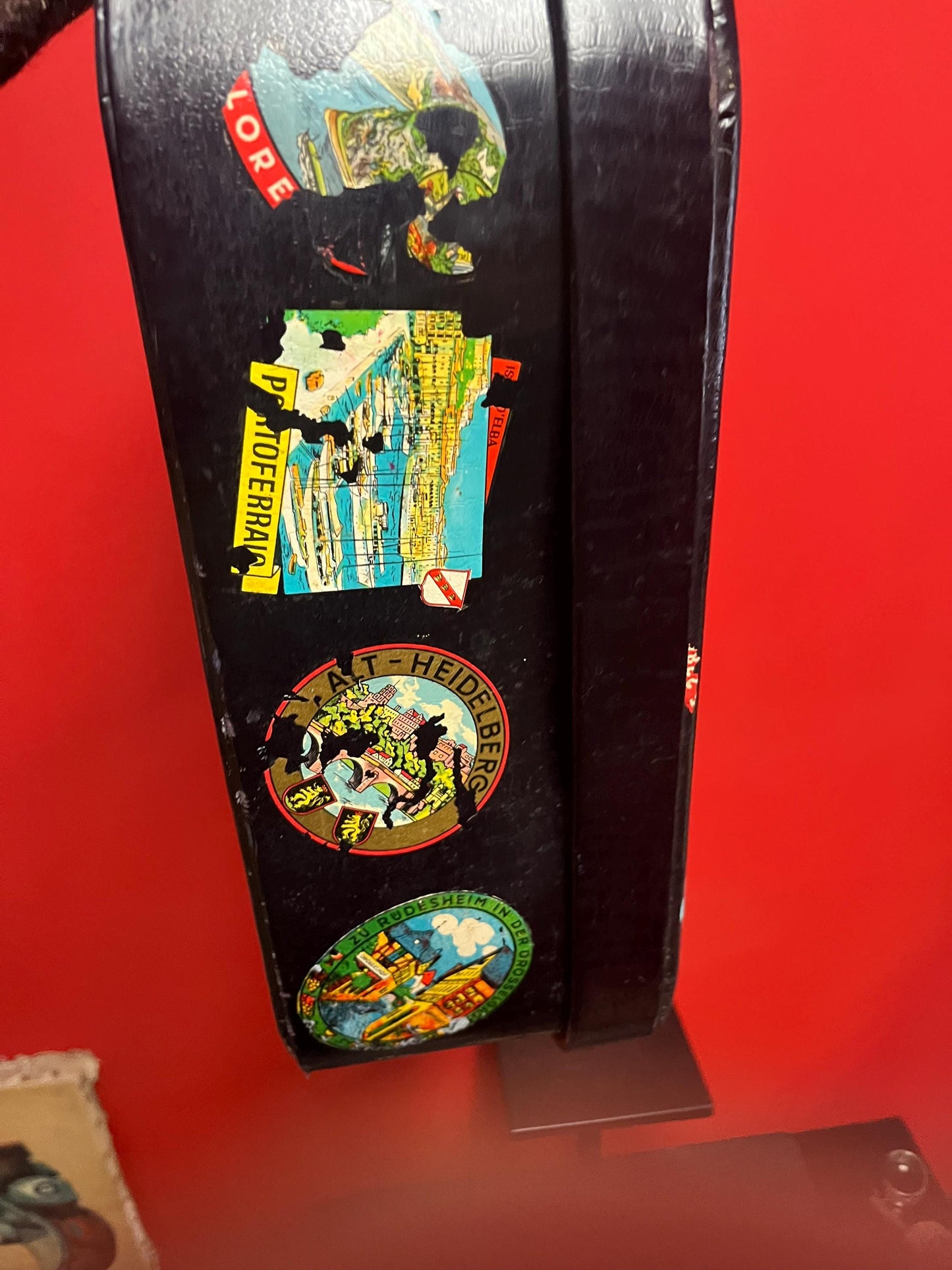 One of a kind 1920s  21 x 16 x 5 deep travel suitcase with the original stickers   amazing for use or decoration  wow