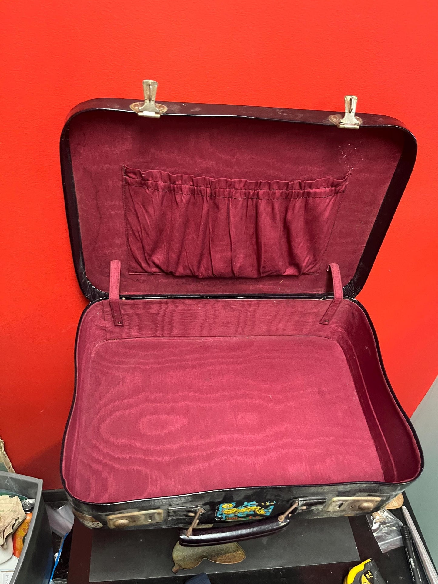 One of a kind 1920s  21 x 16 x 5 deep travel suitcase with the original stickers   amazing for use or decoration  wow