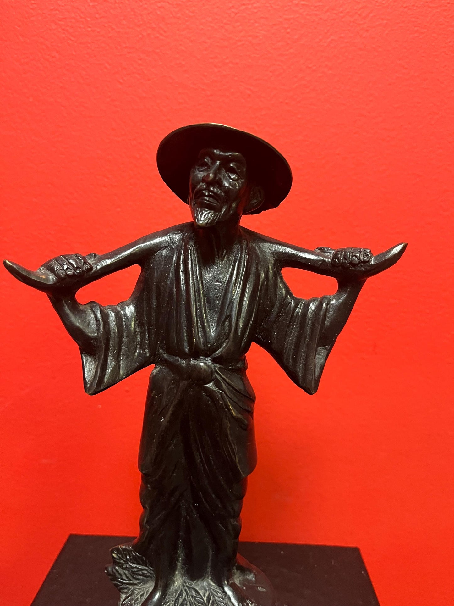9.5 x 6 inch wide Chinese bronze statue of a man lovely patina and great quality good condition and great value heavy