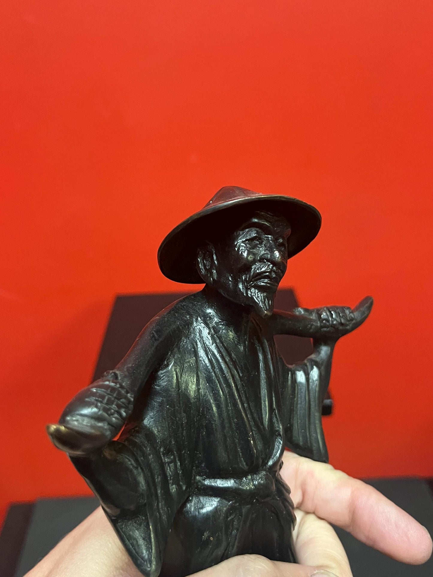 9.5 x 6 inch wide Chinese bronze statue of a man lovely patina and great quality good condition and great value heavy