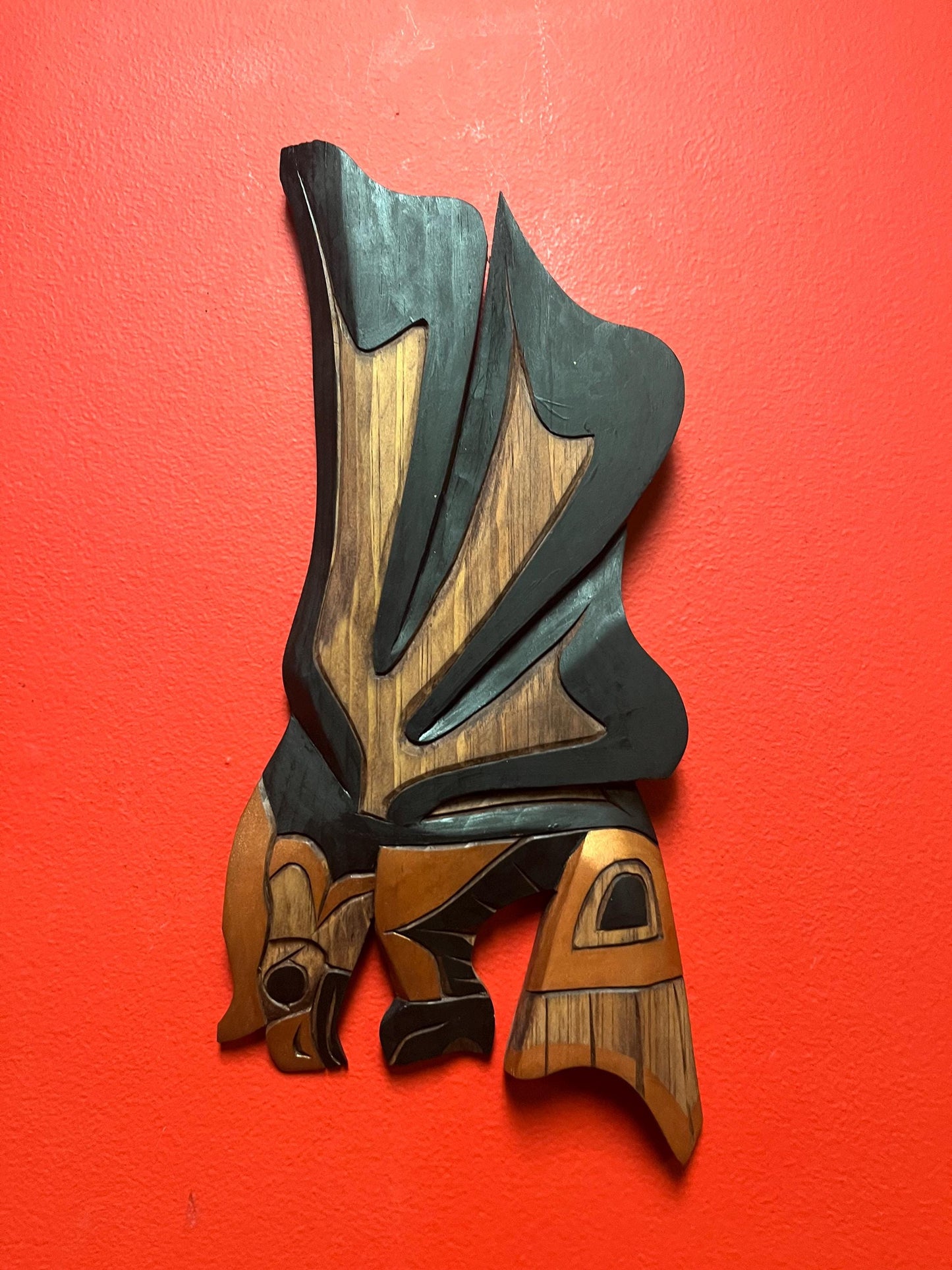 Lovely 14 x 6 indigenous first nations Pacific Northwest Coast Linda Jack carving of an eagle in Hunt   wonderful colours  and detail