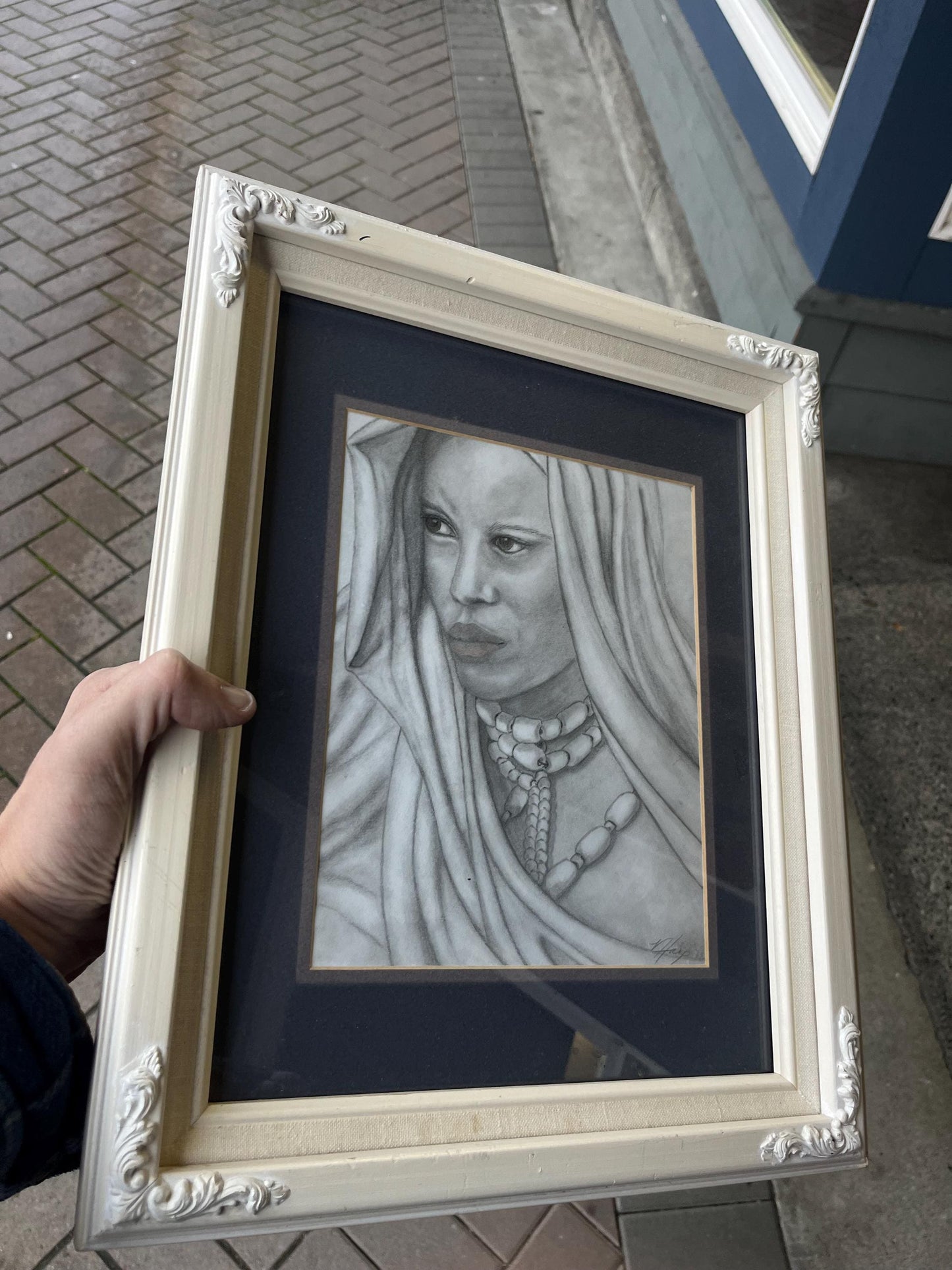 Stunning 16 x 14 inch framed original pencil sketching of an indigenous woman wearing trade beads intense detail - signed! - the eyes!!