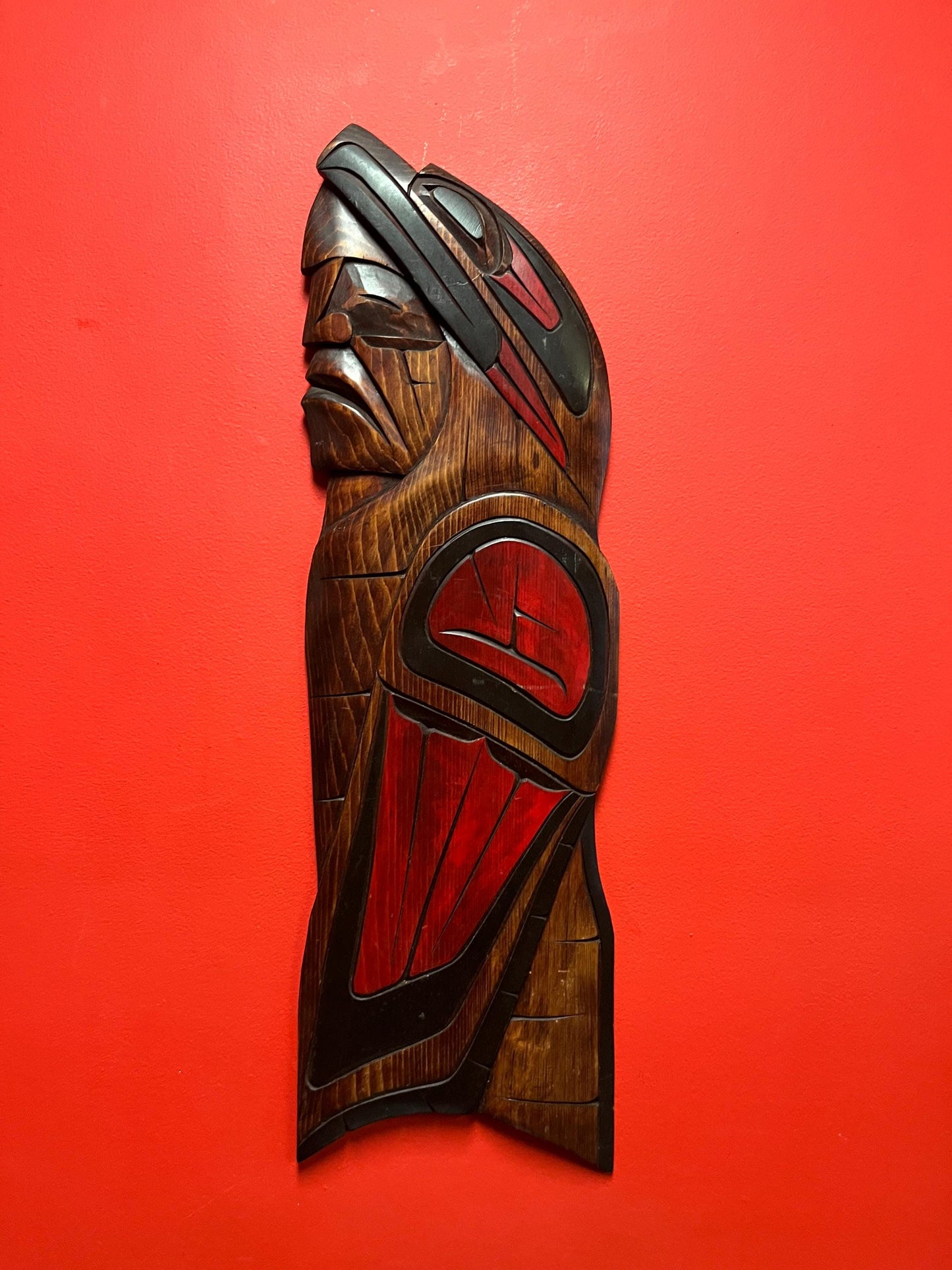 Stunning 31 x 10 indigenous first nations, Pacific Northwest Coast Richard Charlie cedar plaque - chief Eagle transformation - wow