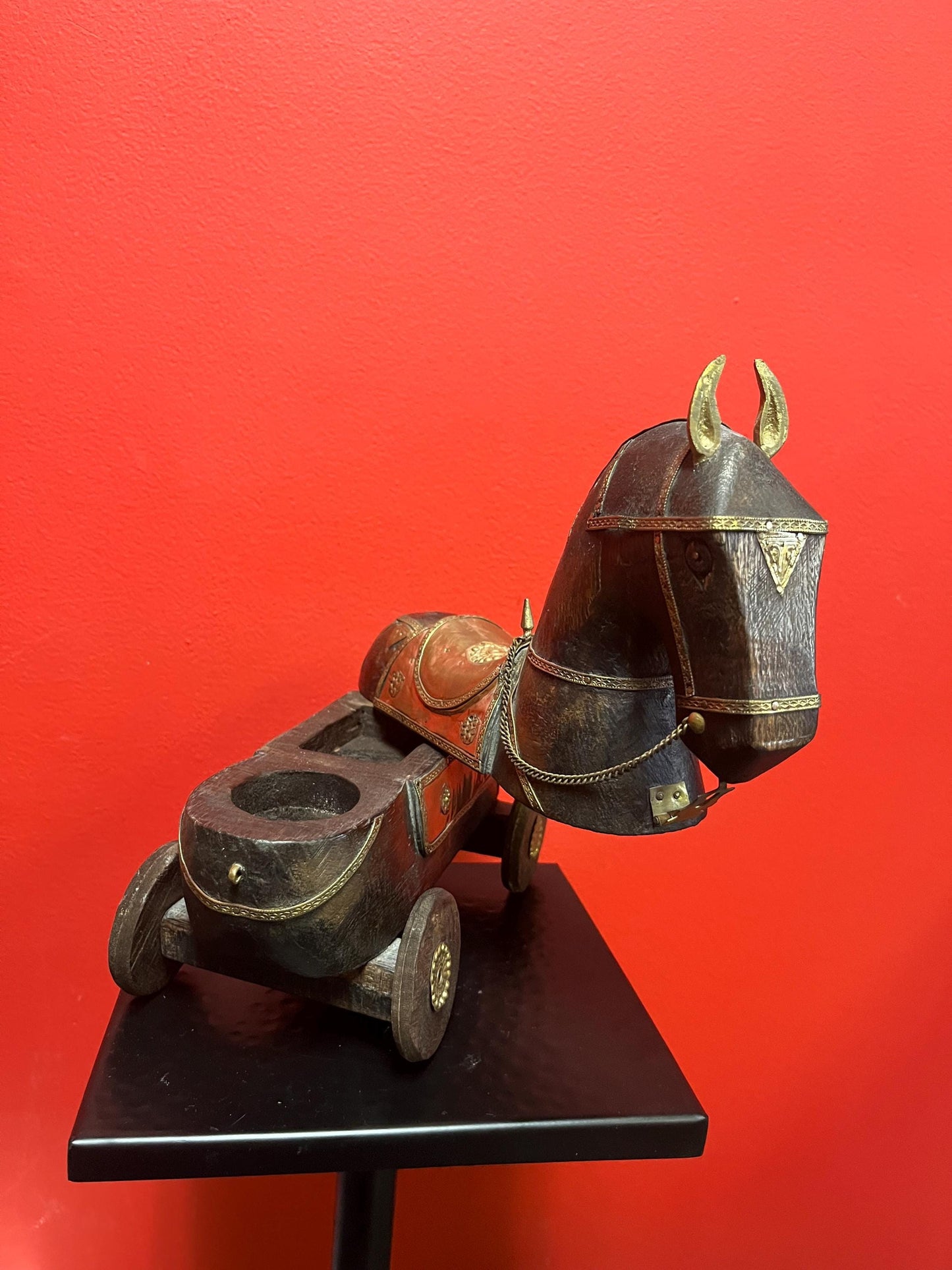 Absolutely stunning southeast Asian copper, brass and wooden horse box  on wheels  delightful Asian piece  9 x 6 high