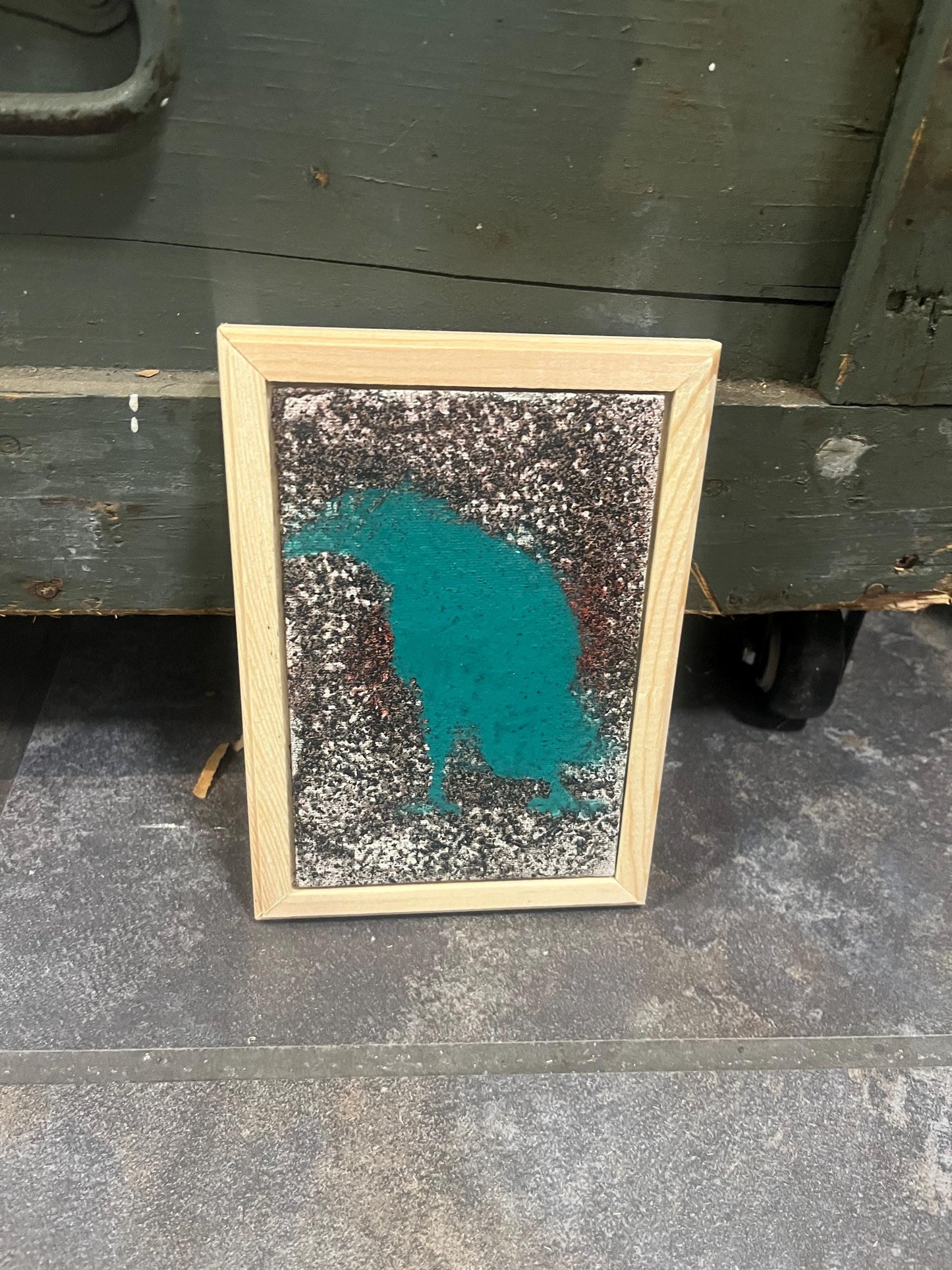 Visually impaired original artist Eli St. John Vancouver Island artist 5 x 7 crow painting in Pine frame wow