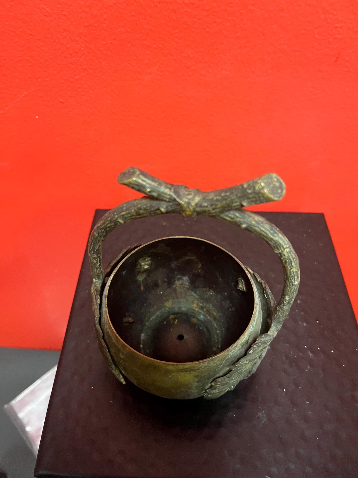 Fabulous Japanese bronze and brass 6 inch handled plant pot original insert stunning patina really beautiful antique bronze piece