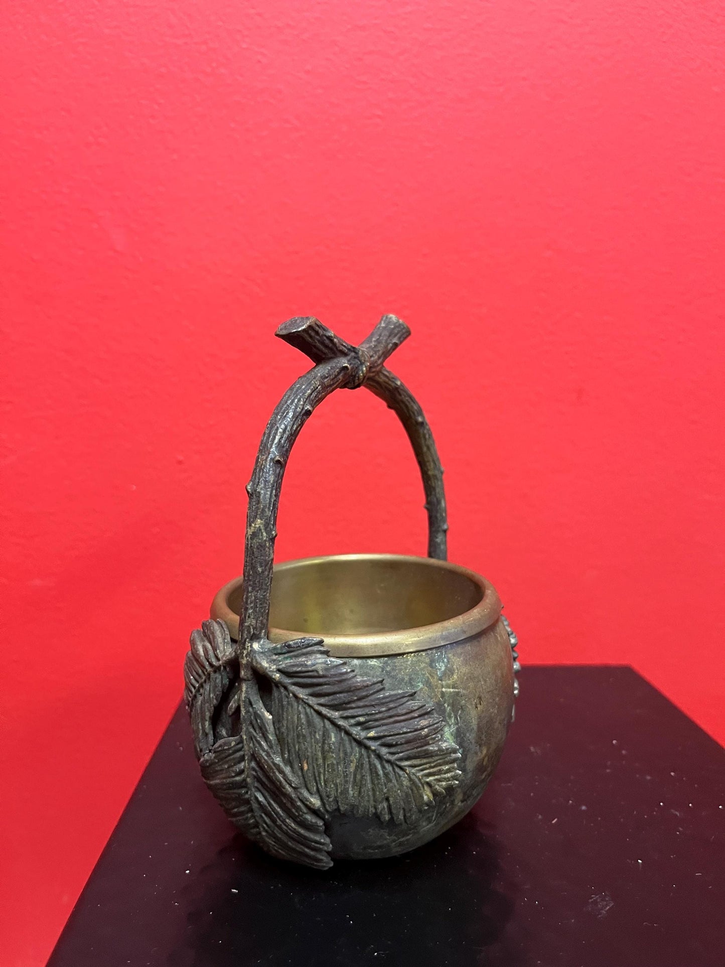 Fabulous Japanese bronze and brass 6 inch handled plant pot original insert stunning patina really beautiful antique bronze piece