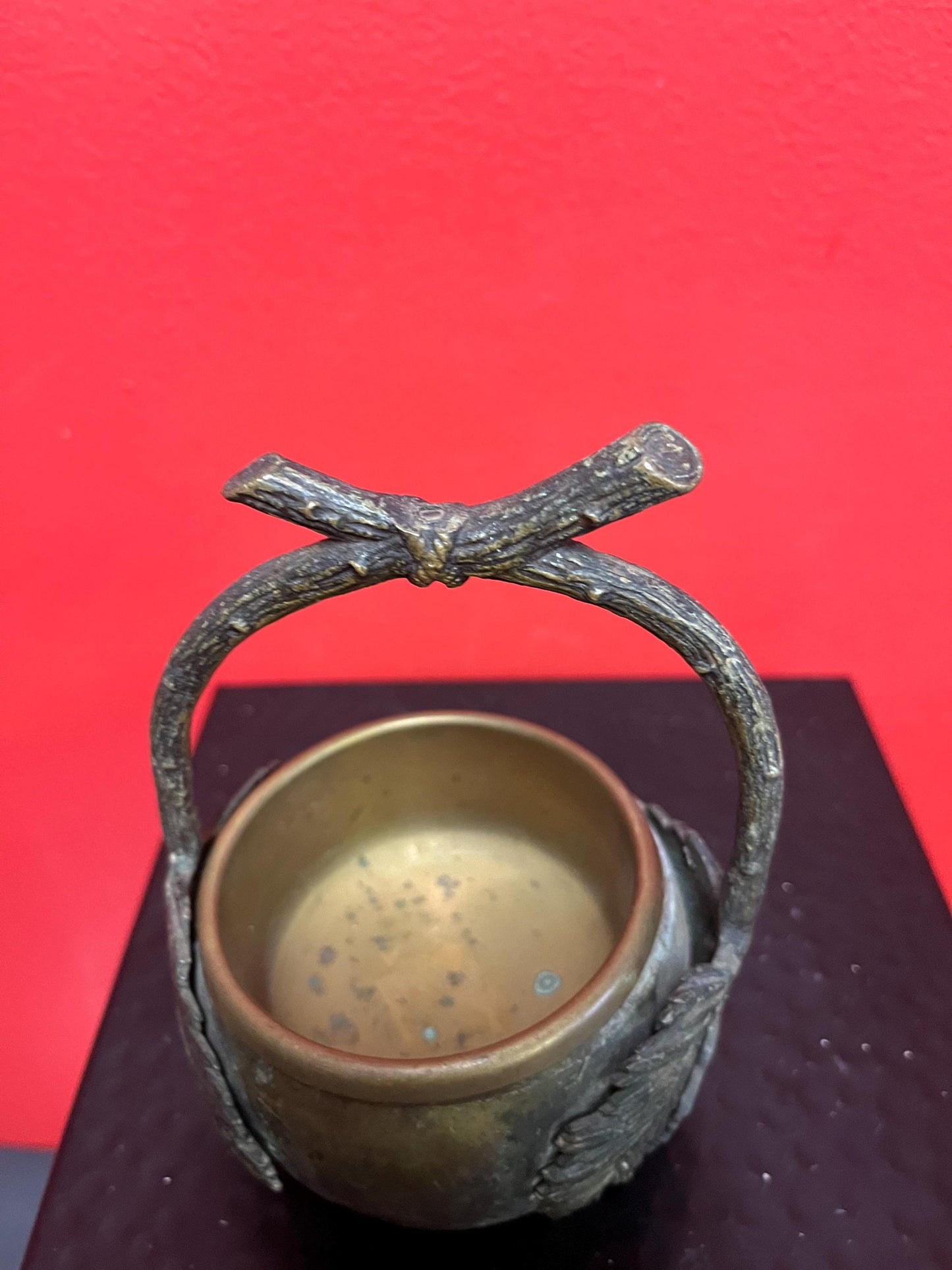 Fabulous Japanese bronze and brass 6 inch handled plant pot original insert stunning patina really beautiful antique bronze piece