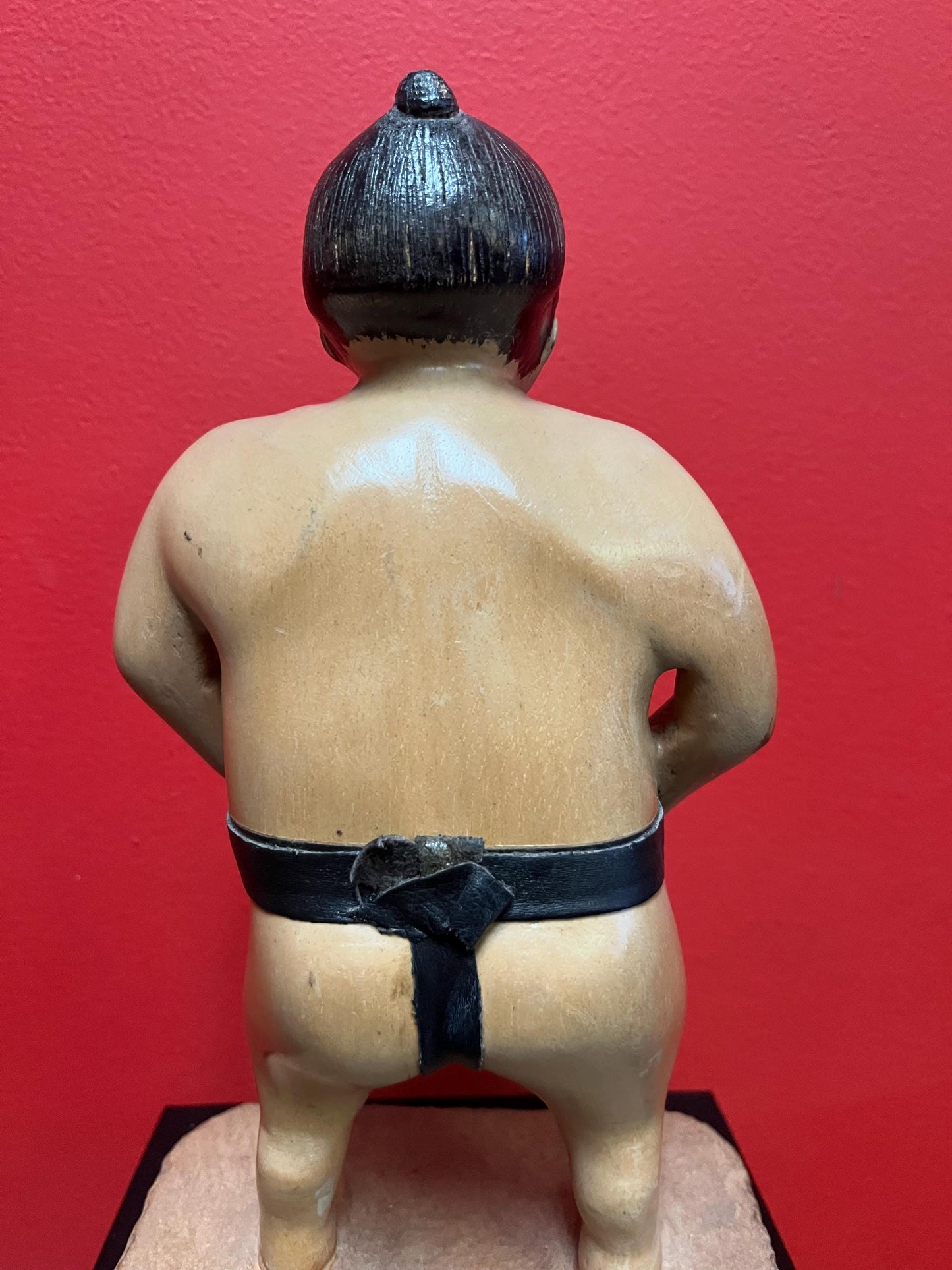 Beautiful antique Japanese FOLK ART wooden and leather sumo wrestler statue 11 inches tall amazing patina Japanese antique