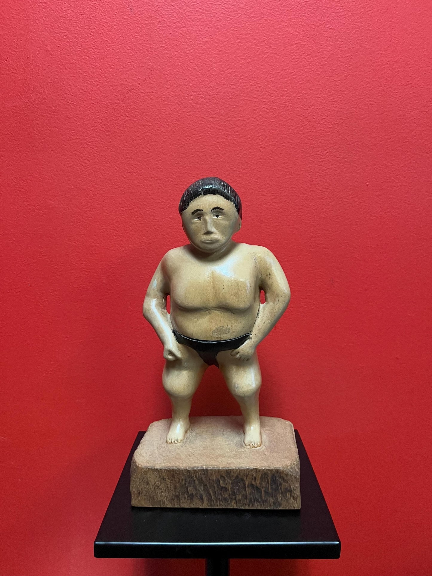 Beautiful antique Japanese FOLK ART wooden and leather sumo wrestler statue 11 inches tall amazing patina Japanese antique