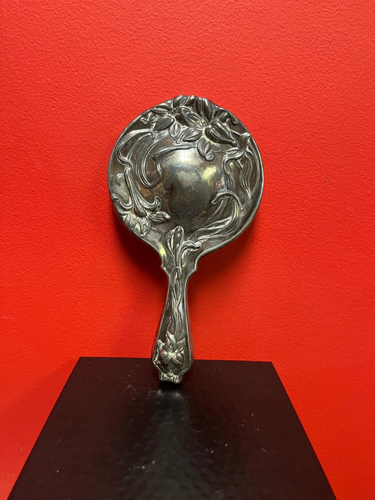 Stunning 10 inch long English antique silver plated hand mirror  Some wear  mirror perfect  wonderful gift