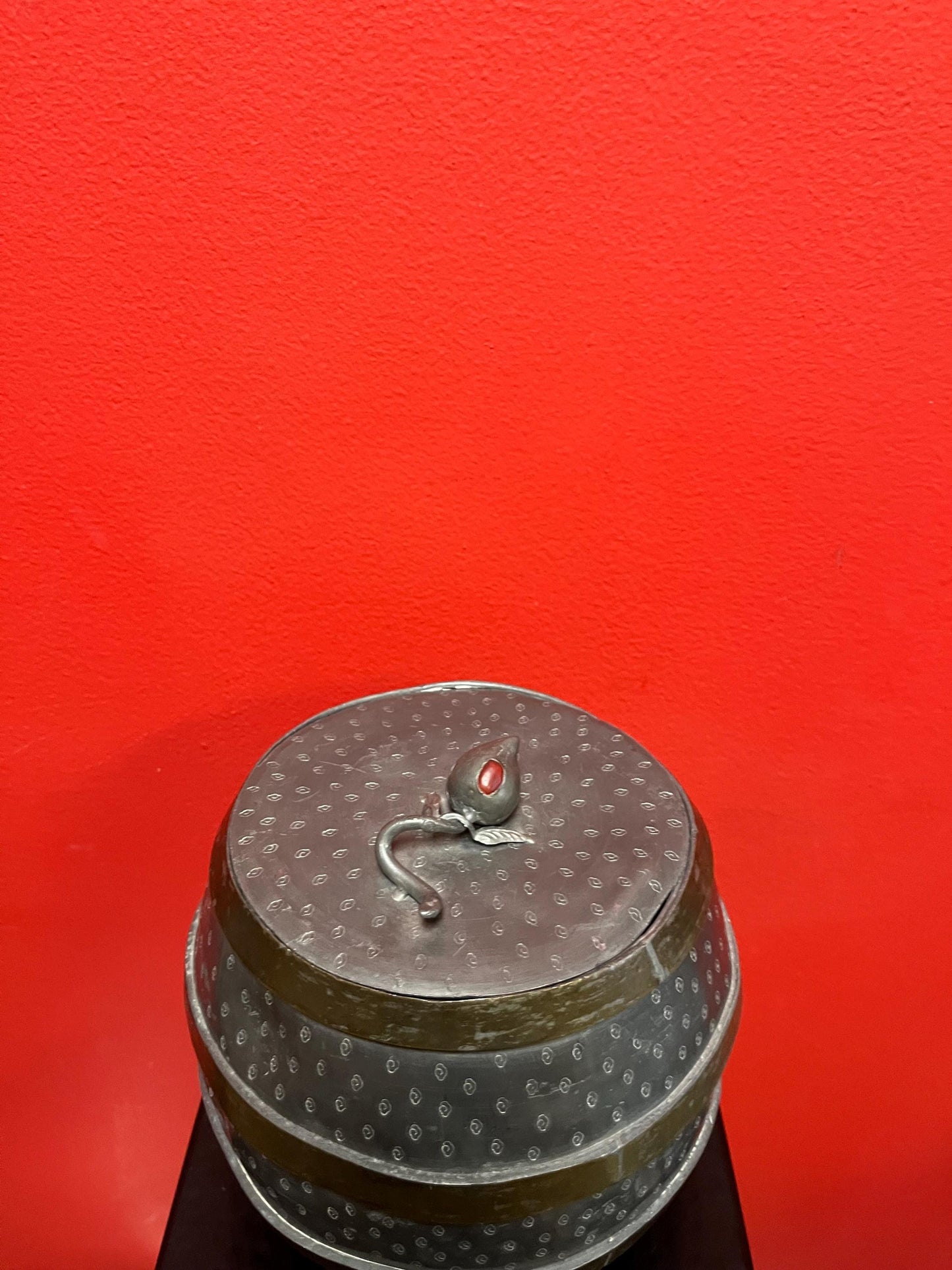 Lovely Chinese antique 6 1/2 x 5 wide pewter and brass barrel with cartouche Knob lovely patina great value