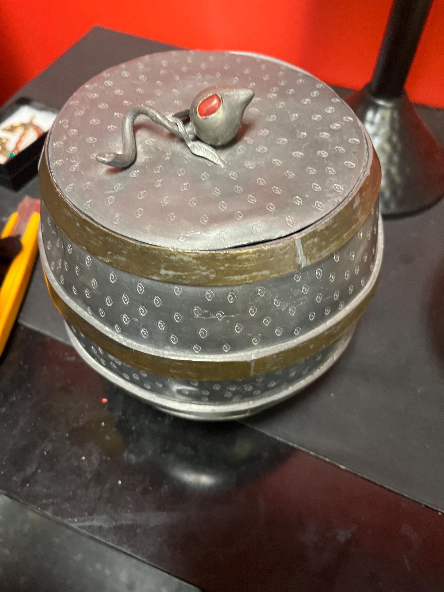 Lovely Chinese antique 6 1/2 x 5 wide pewter and brass barrel with cartouche Knob lovely patina great value