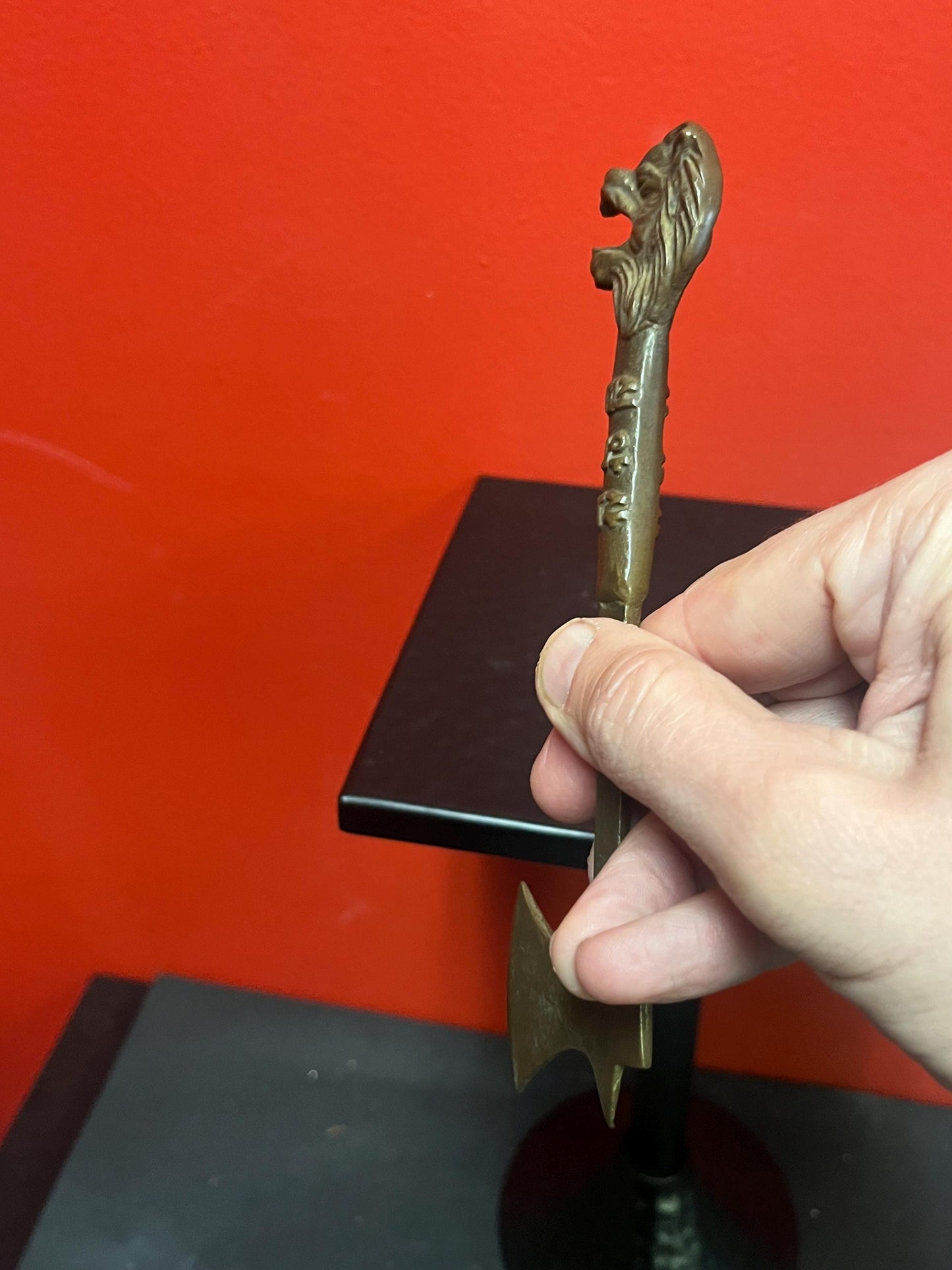 Very rare small antique Korean bronze 7 inch tall tool with Lion head super cool piece and lovely patina and weight