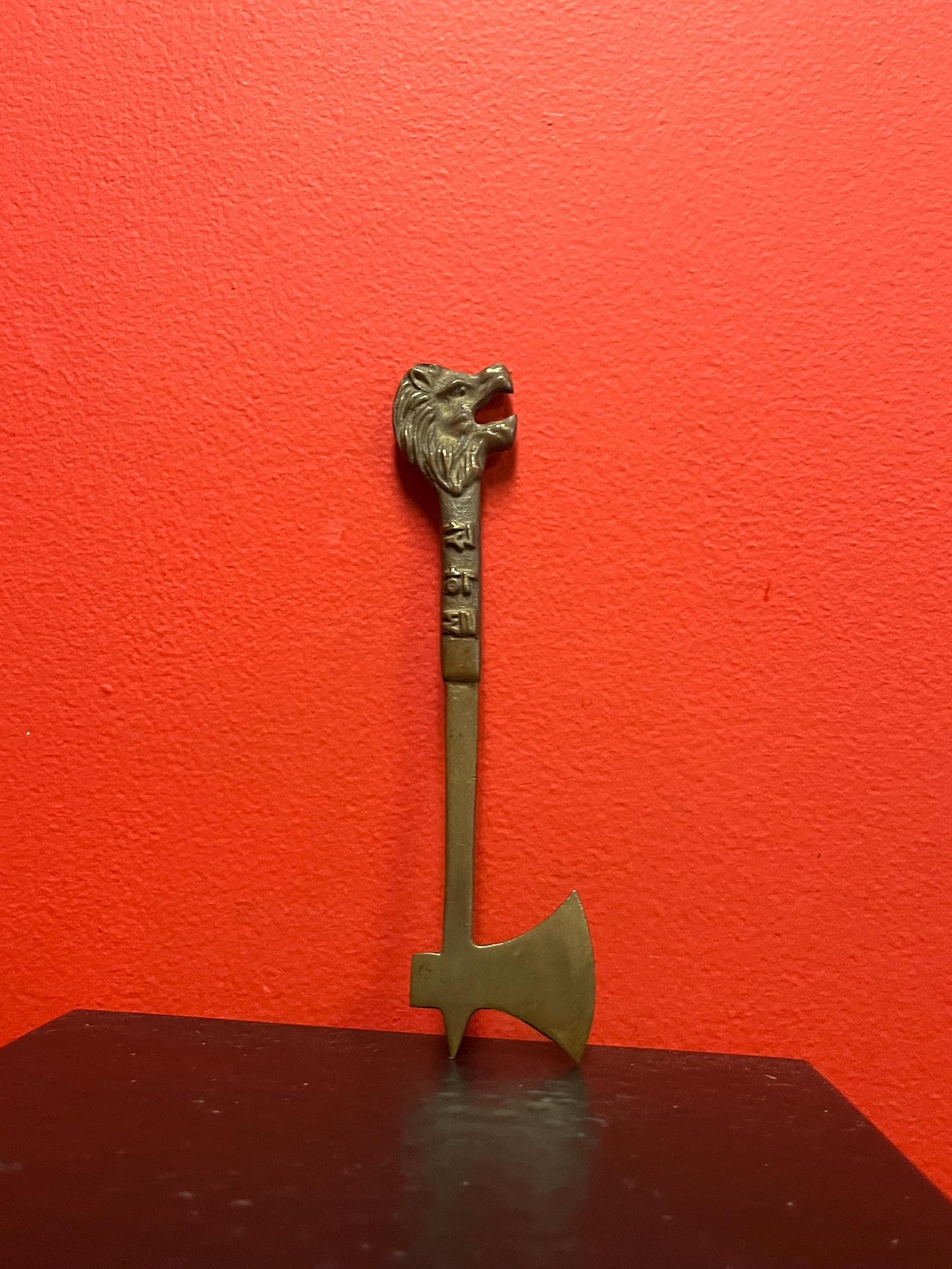 Very rare small antique Korean bronze 7 inch tall tool with Lion head super cool piece and lovely patina and weight