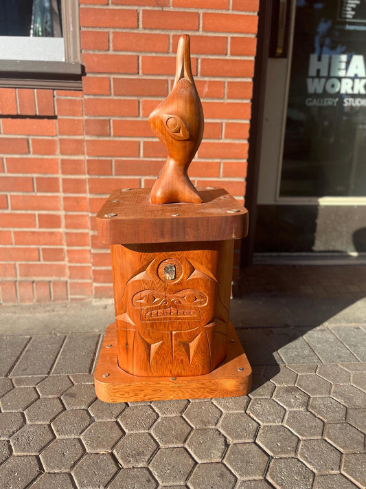 stunning museum quality 38 x 17 wide unsigned cedar ceremonial box with killer whale top   masterpiece  in the style of Bill Reid