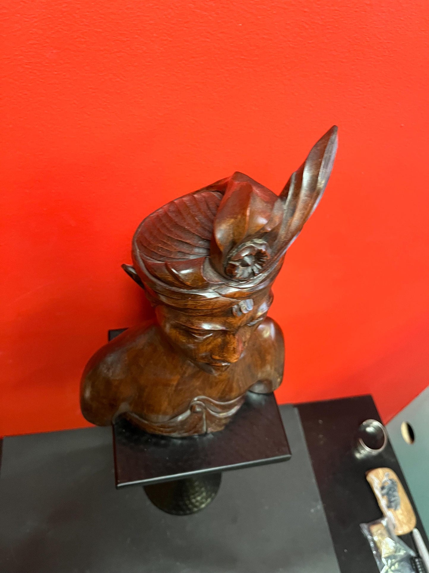 Beautiful heavy 17 inch tall signed wooden statue of a male warrior   Indonesian old  perfect condition and detail