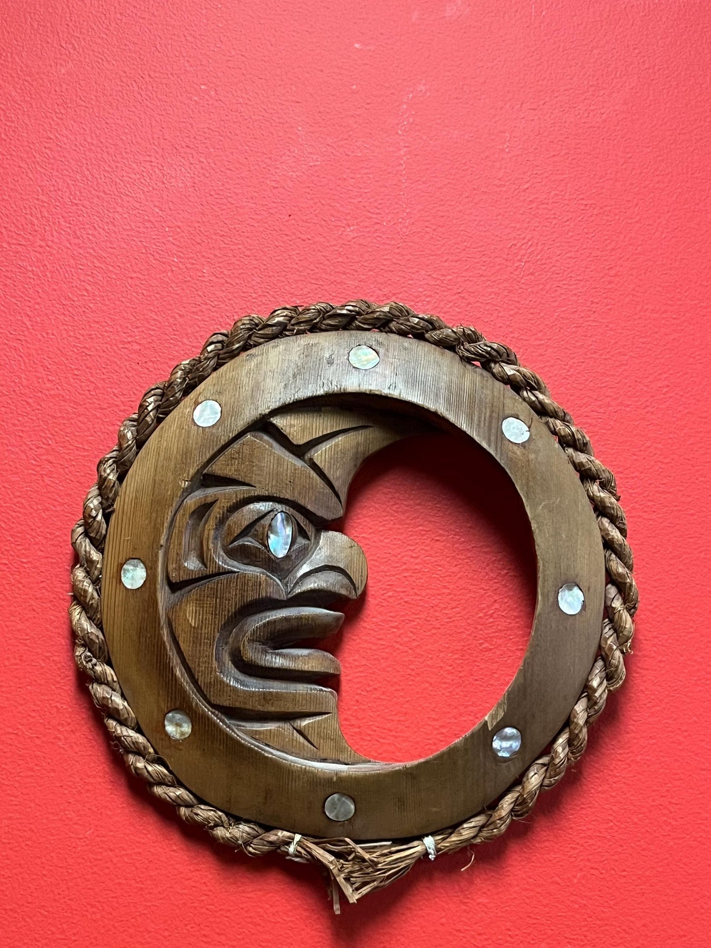 Magnificent signed 11 inch indigenous first nations pacific northwest coast moon plaque with Abalone highest quality wow