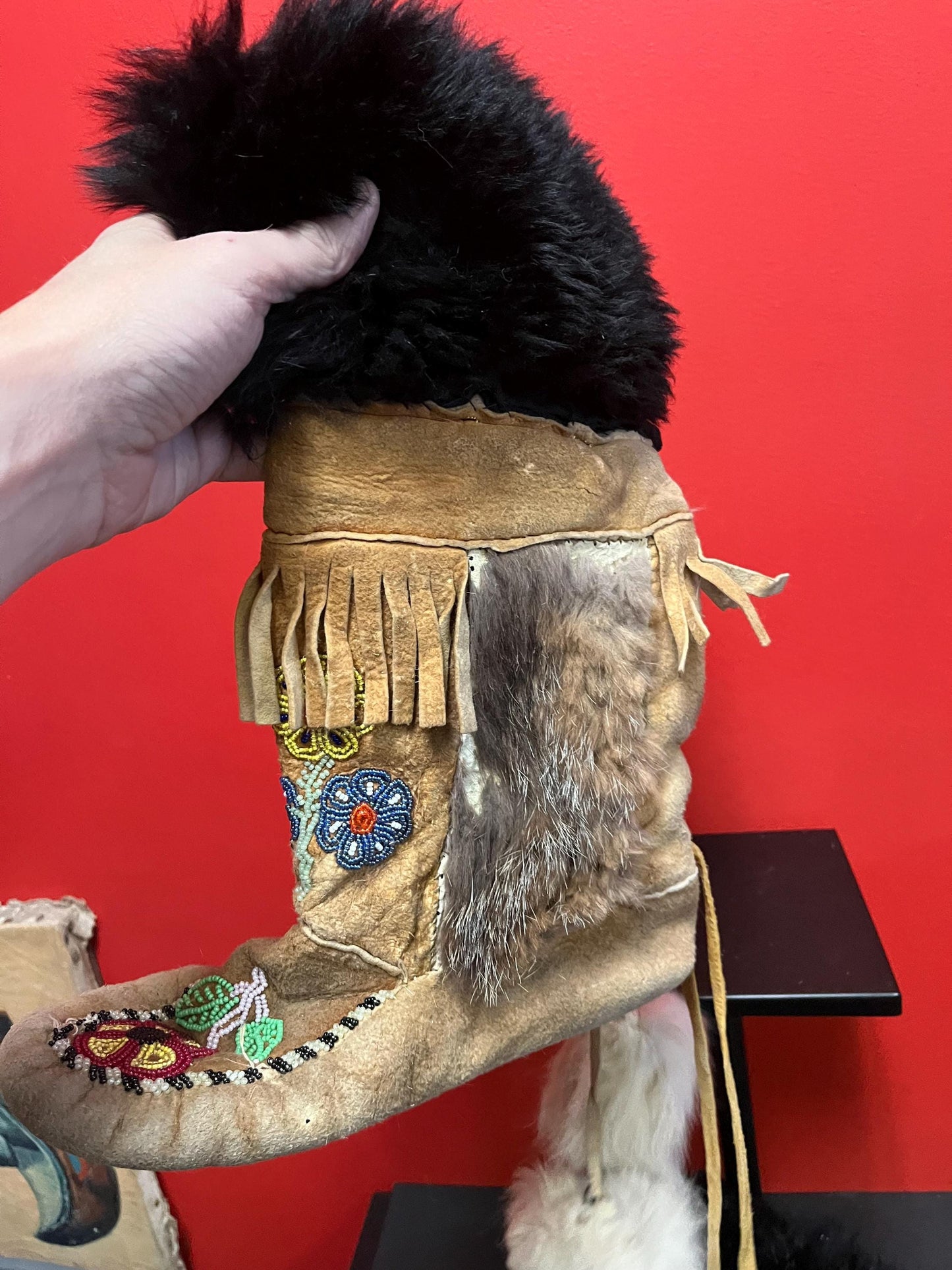 16 x 12 long indigenous first nations specific northwest Coast leather fur beaded moccasins in less than perfect condition  see photos