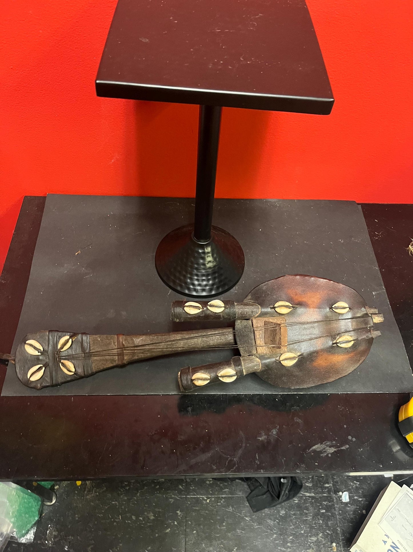 Amazing 19 x 5“ wide old oceanic coconut shell leather and shell guitar style instrument  wow