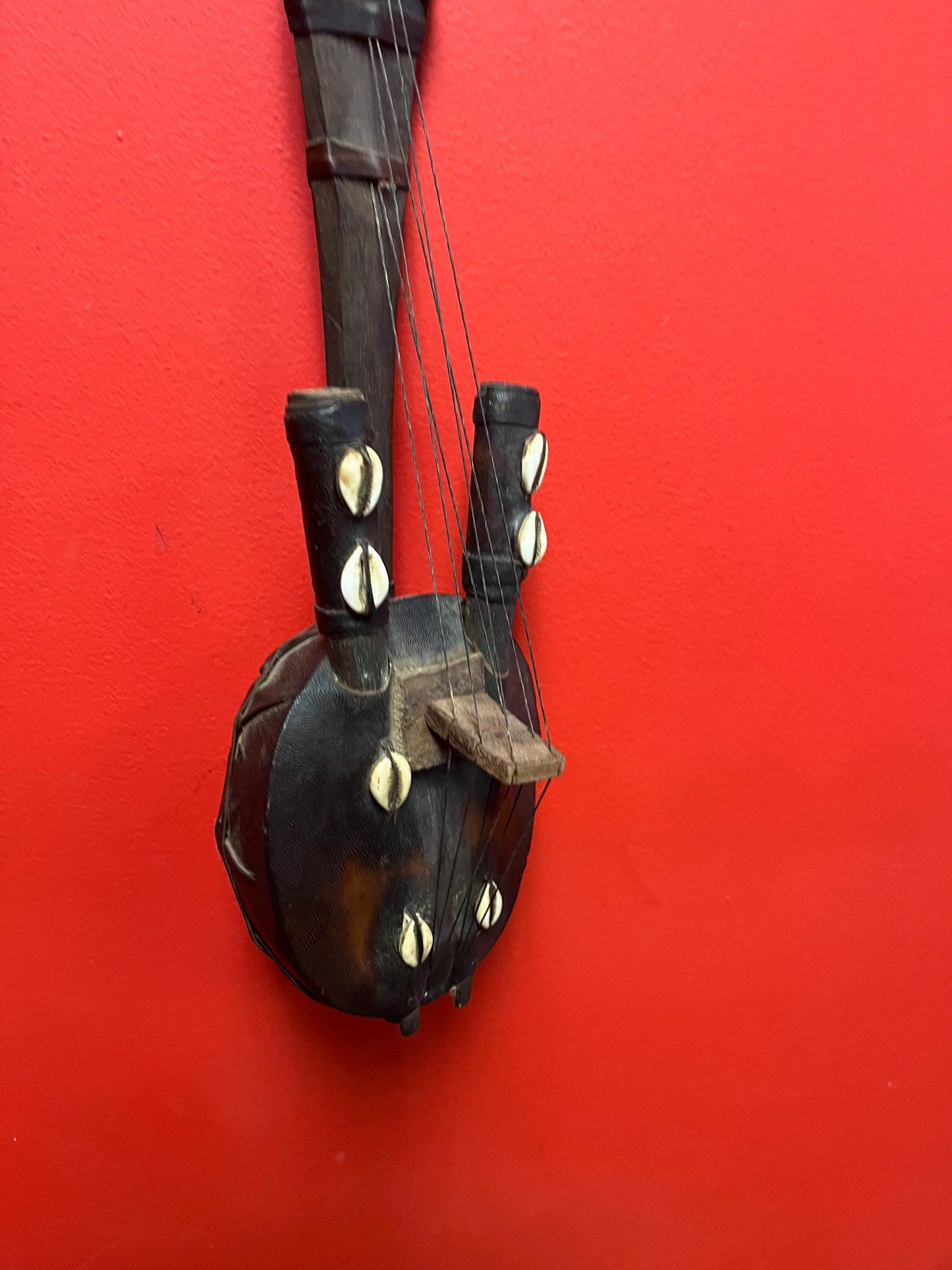 Amazing 19 x 5“ wide old oceanic coconut shell leather and shell guitar style instrument  wow