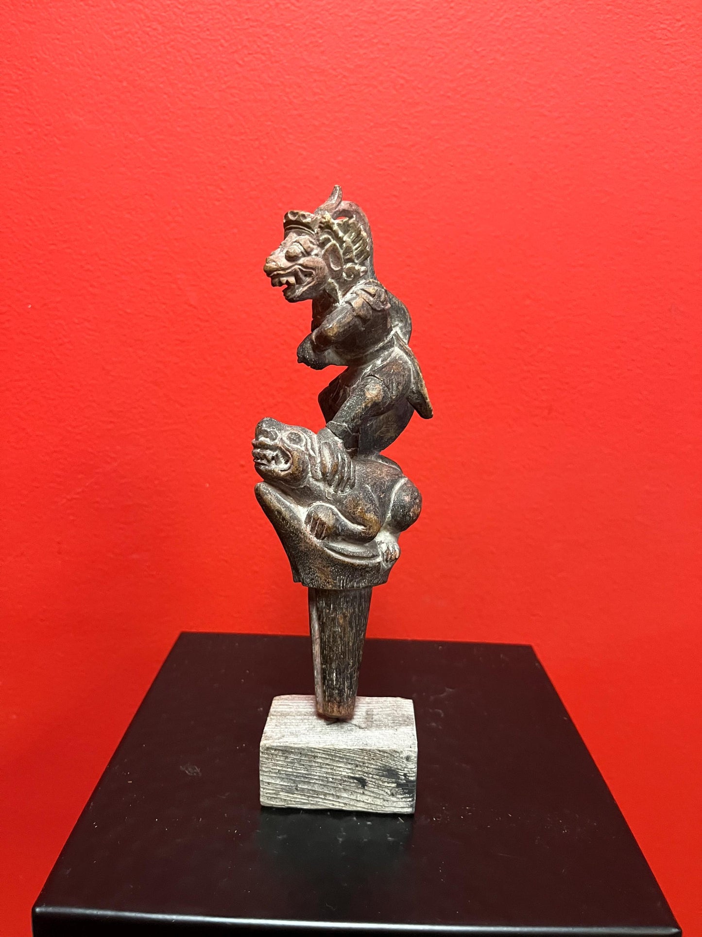 Beautiful 8 inch tall southeast Asian antique intricately carved wooden mythical statue on stand  great detail and perfect gift