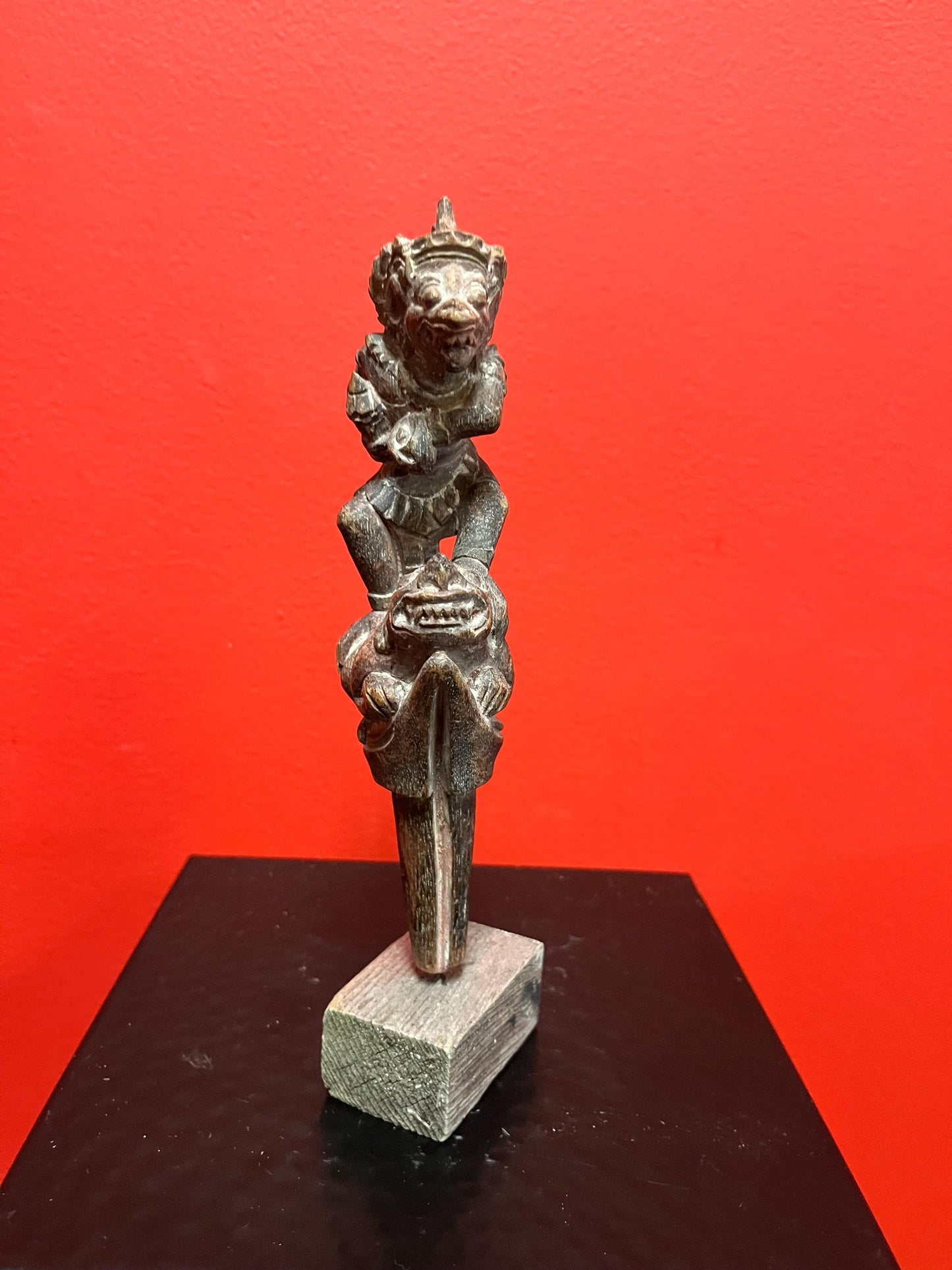 Beautiful 8 inch tall southeast Asian antique intricately carved wooden mythical statue on stand  great detail and perfect gift