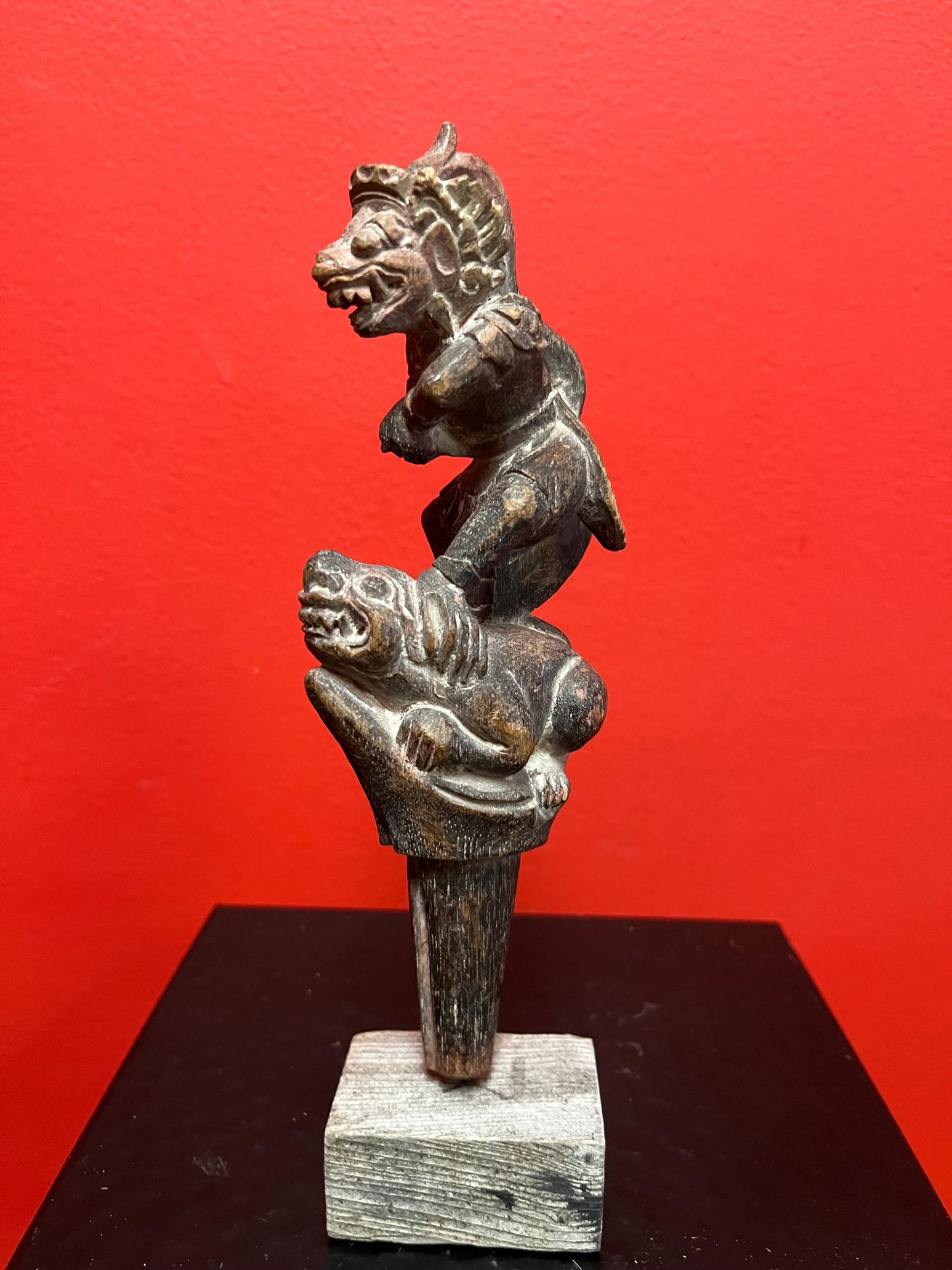 Beautiful 8 inch tall southeast Asian antique intricately carved wooden mythical statue on stand  great detail and perfect gift