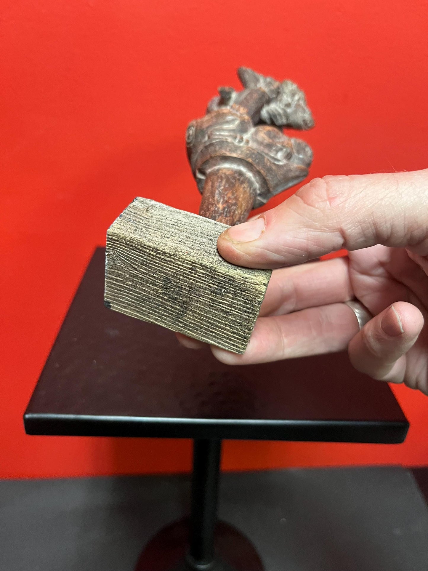 Beautiful 8 inch tall southeast Asian antique intricately carved wooden mythical statue on stand  great detail and perfect gift