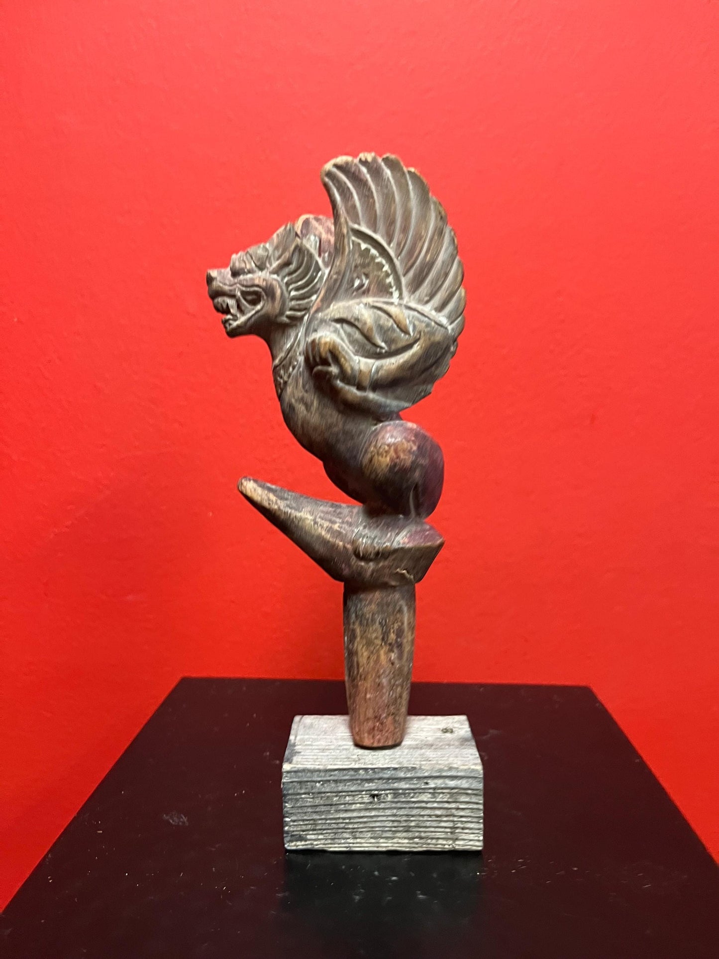 Beautiful 8 inch tall southeast Asian antique intricately carved wooden mythical statue on stand  great detail and perfect gift