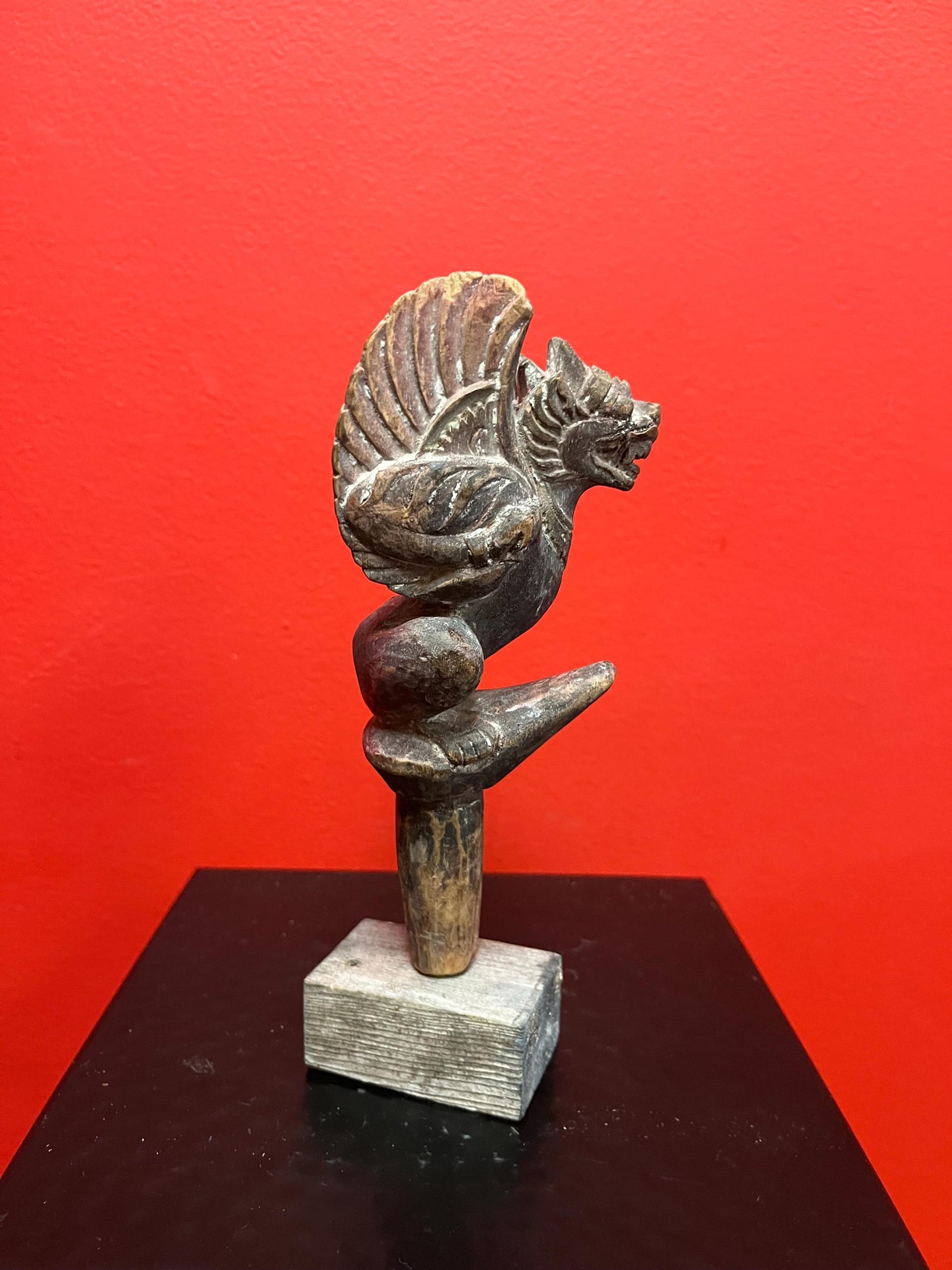 Beautiful 8 inch tall southeast Asian antique intricately carved wooden mythical statue on stand  great detail and perfect gift