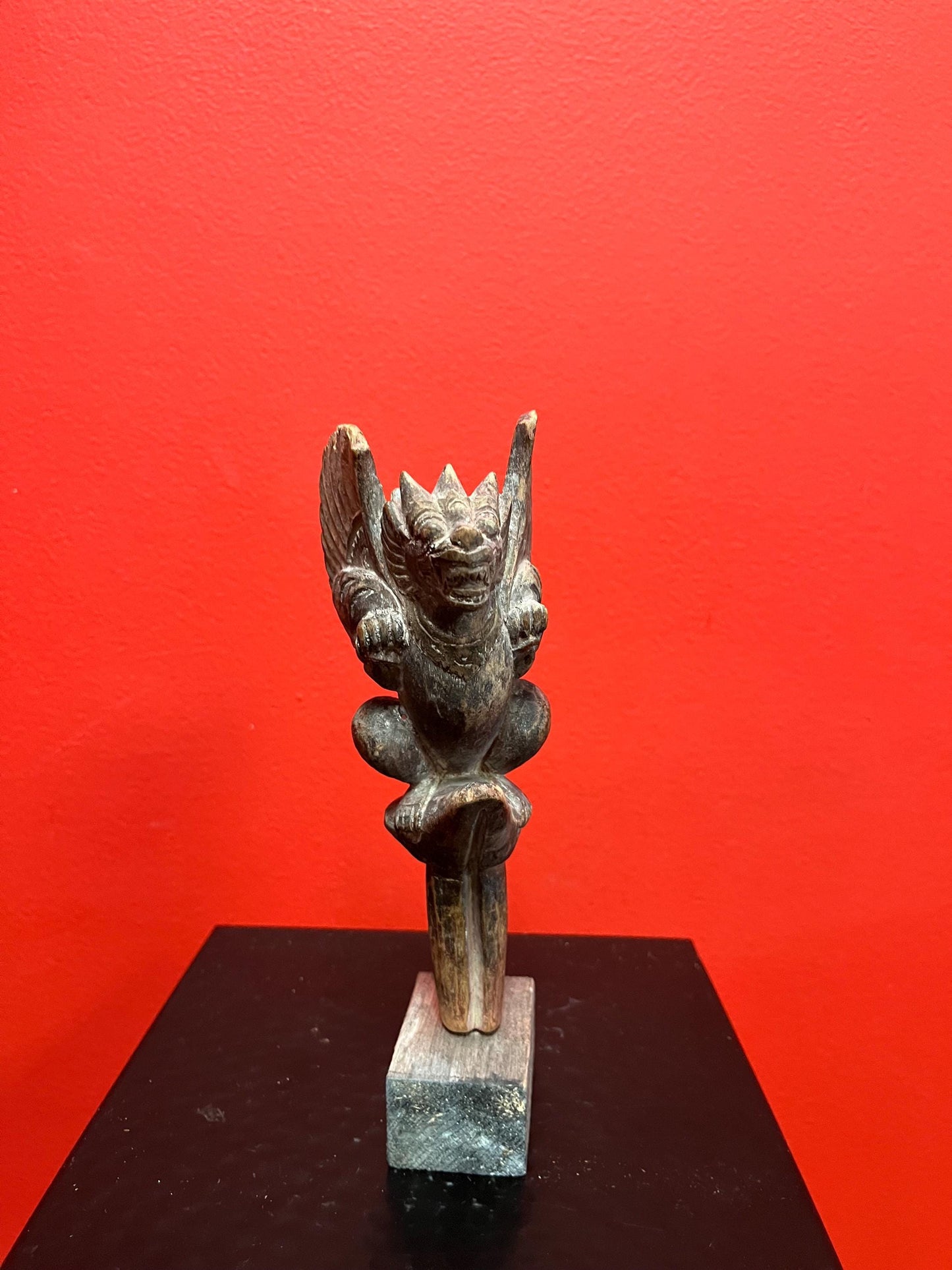 Beautiful 8 inch tall southeast Asian antique intricately carved wooden mythical statue on stand  great detail and perfect gift